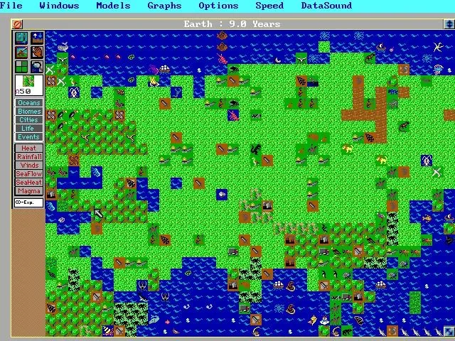 Giao diện gameplay SimEarth, nơi người chơi kiến tạo hành tinh và sự sống