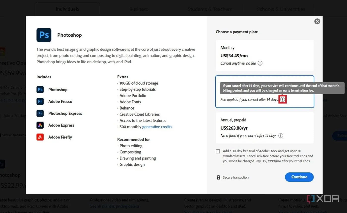 Giao diện gói đăng ký Adobe Photoshop và các điều khoản phí hủy
