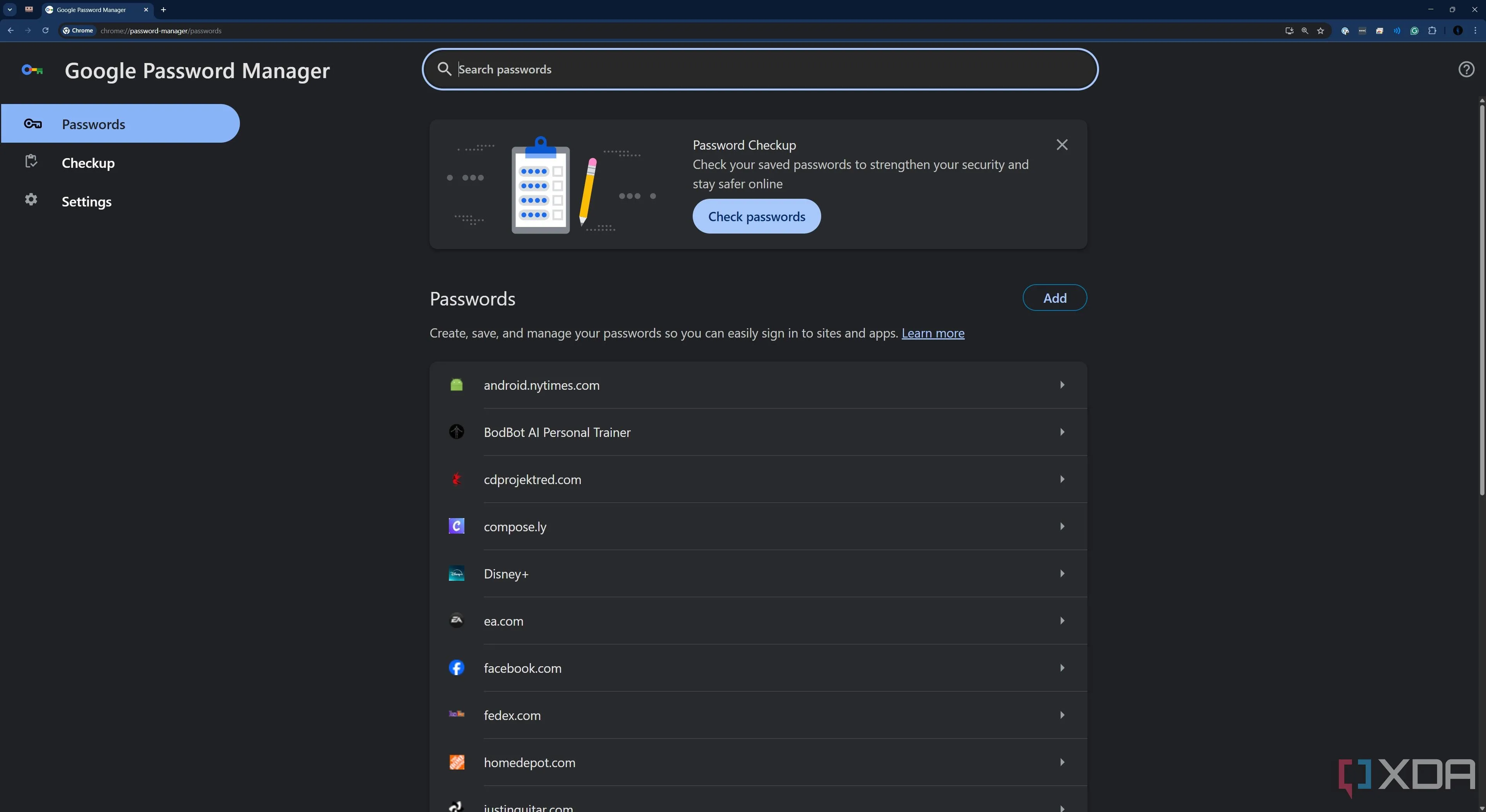 Giao diện Google Password Manager, minh họa nơi lưu trữ mật khẩu trên trình duyệt Chrome