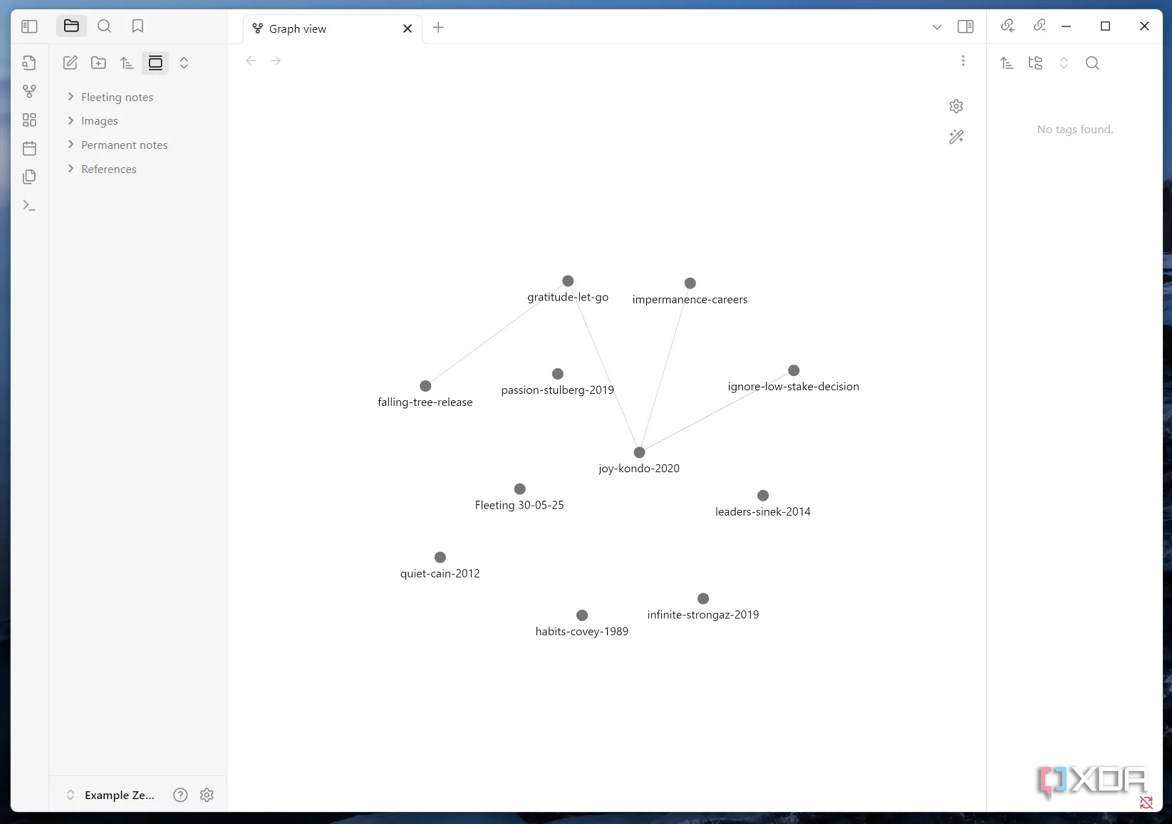 Giao diện Graph View trong Obsidian, hiển thị các ghi chú Zettelkasten dưới dạng các nút và mối liên kết giữa chúng, giúp trực quan hóa các xu hướng ý tưởng.