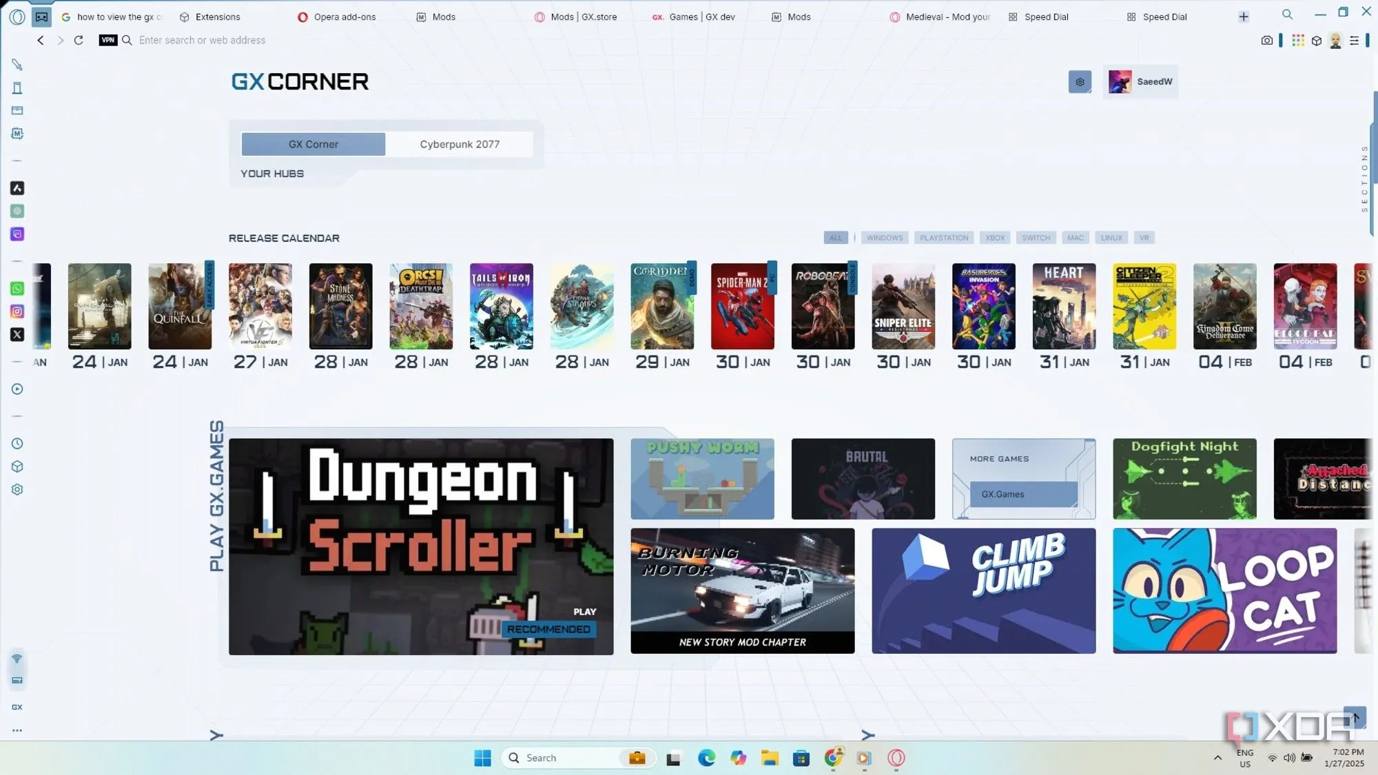 Giao diện GX Corner trong Opera GX hiển thị tin tức game, lịch phát hành và ưu đãi