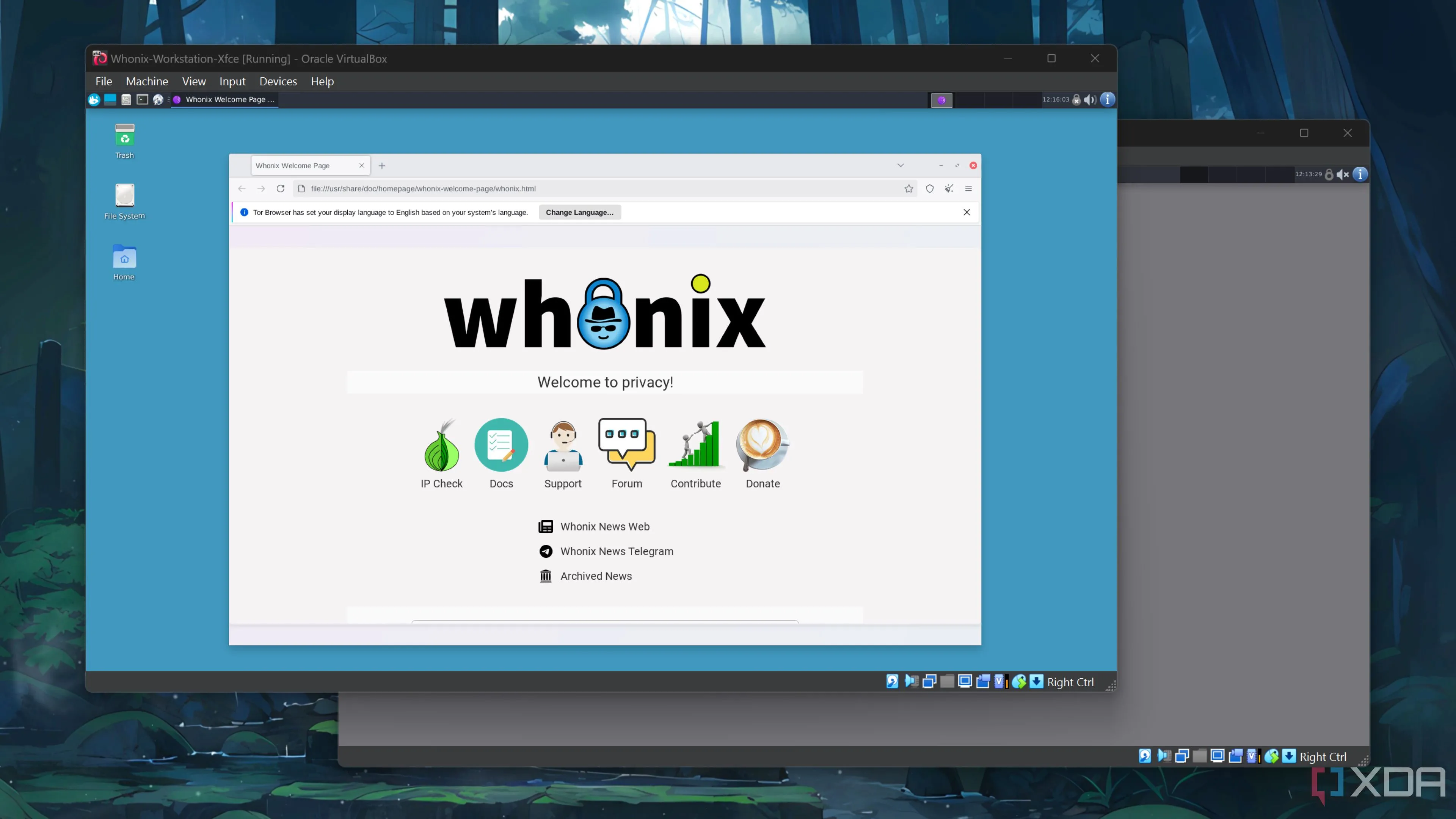 Giao diện hệ điều hành Whonix đang chạy trong môi trường máy ảo VirtualBox, minh họa khả năng thử nghiệm và sử dụng nhiều hệ điều hành qua VM.
