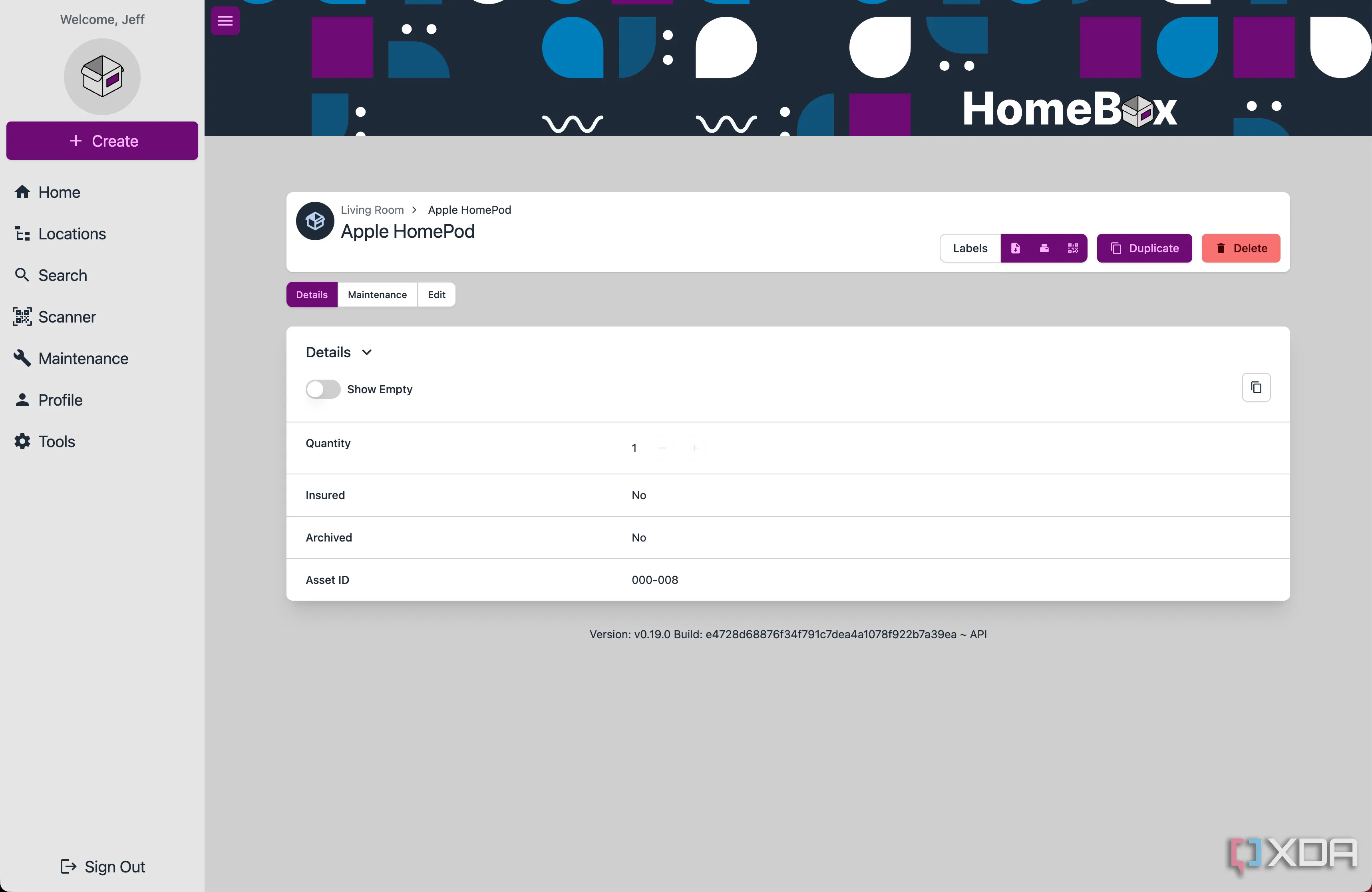 Giao diện Homebox hiển thị thông tin chi tiết một món đồ trong nhà, hỗ trợ quản lý tài sản