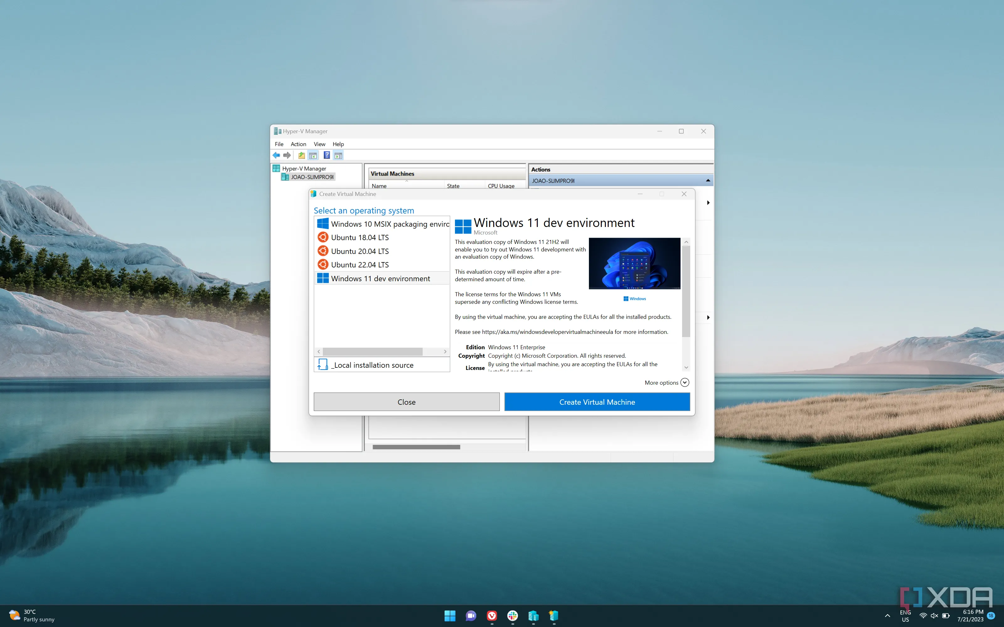 Giao diện Hyper-V Manager và trình tạo máy ảo nhanh trên Windows 11