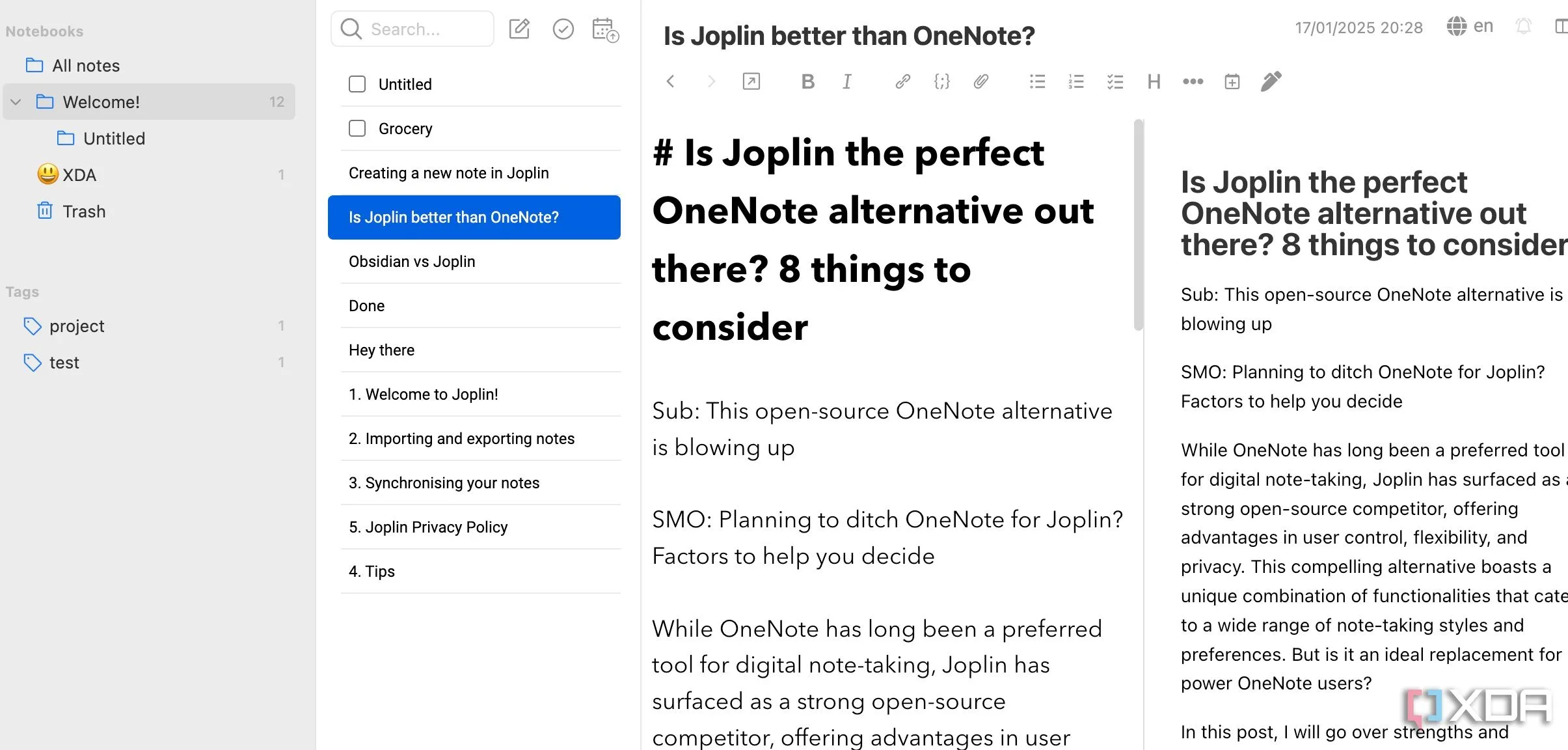 Giao diện Joplin hiển thị ghi chú bằng Markdown với các định dạng văn bản và danh sách