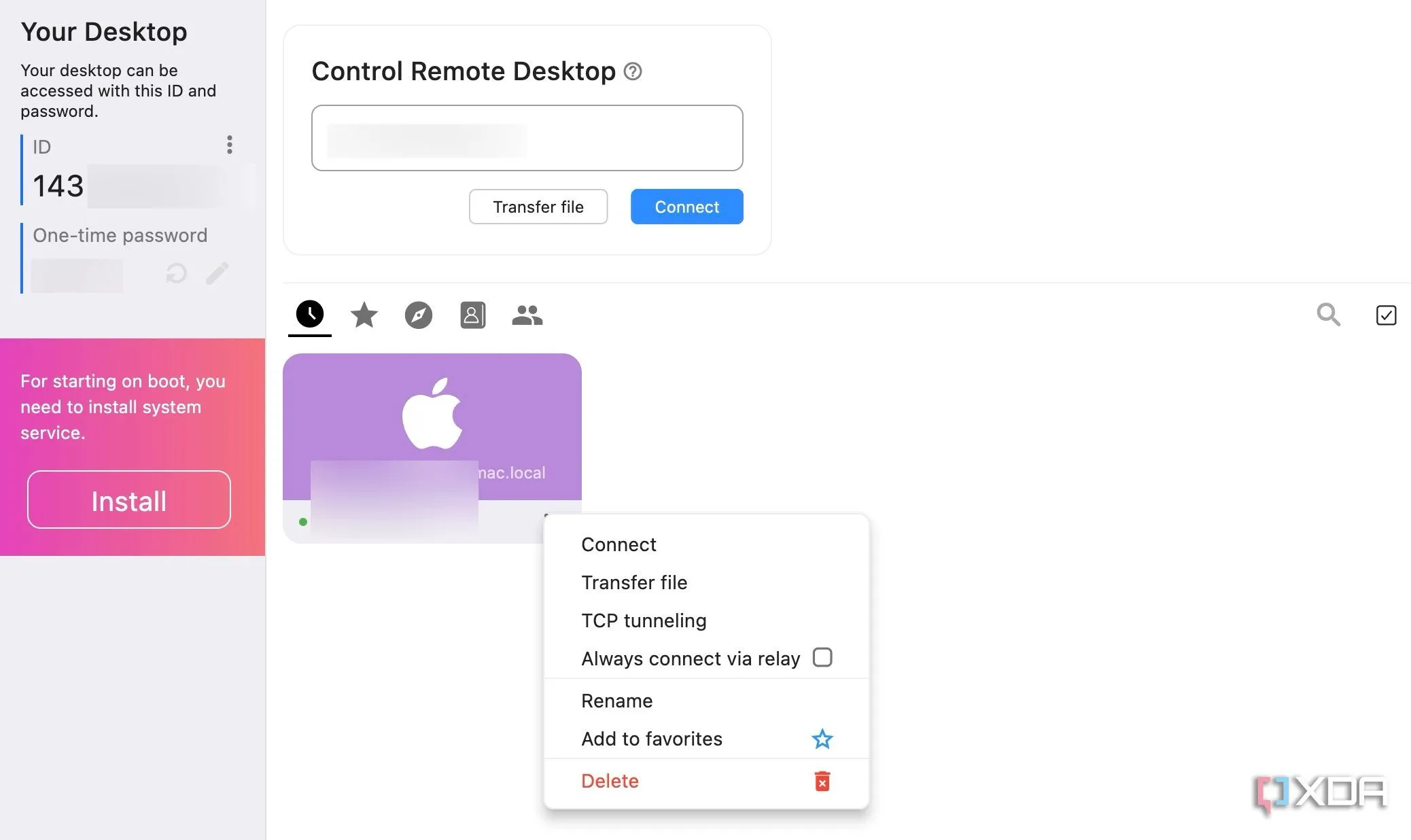 Giao diện kết nối của RustDesk trên nền tảng desktop, minh họa khả năng điều khiển máy tính từ xa