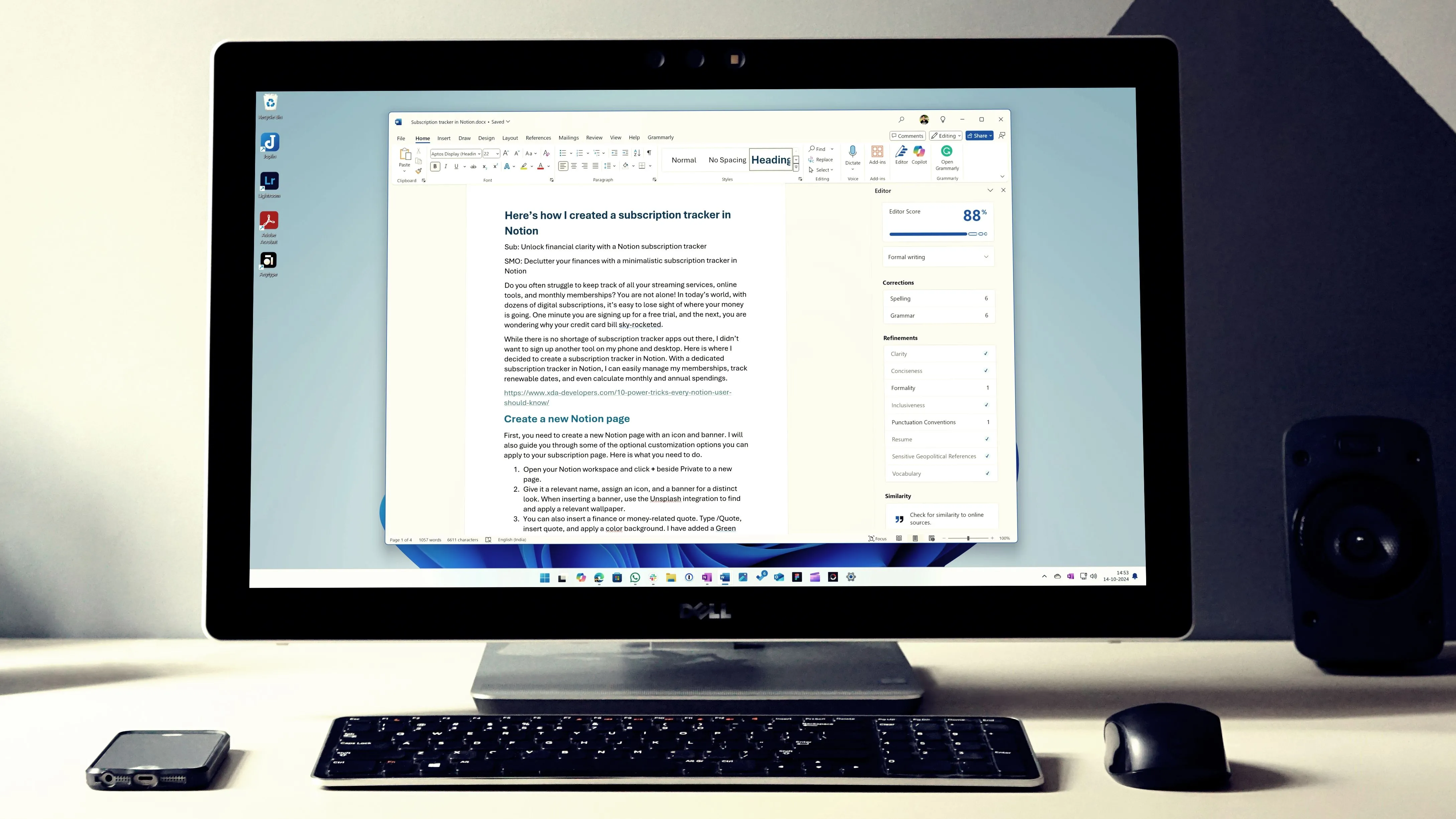 Giao diện kiểm tra ngữ pháp và chính tả của một công cụ viết lách, tương tự Grammarly