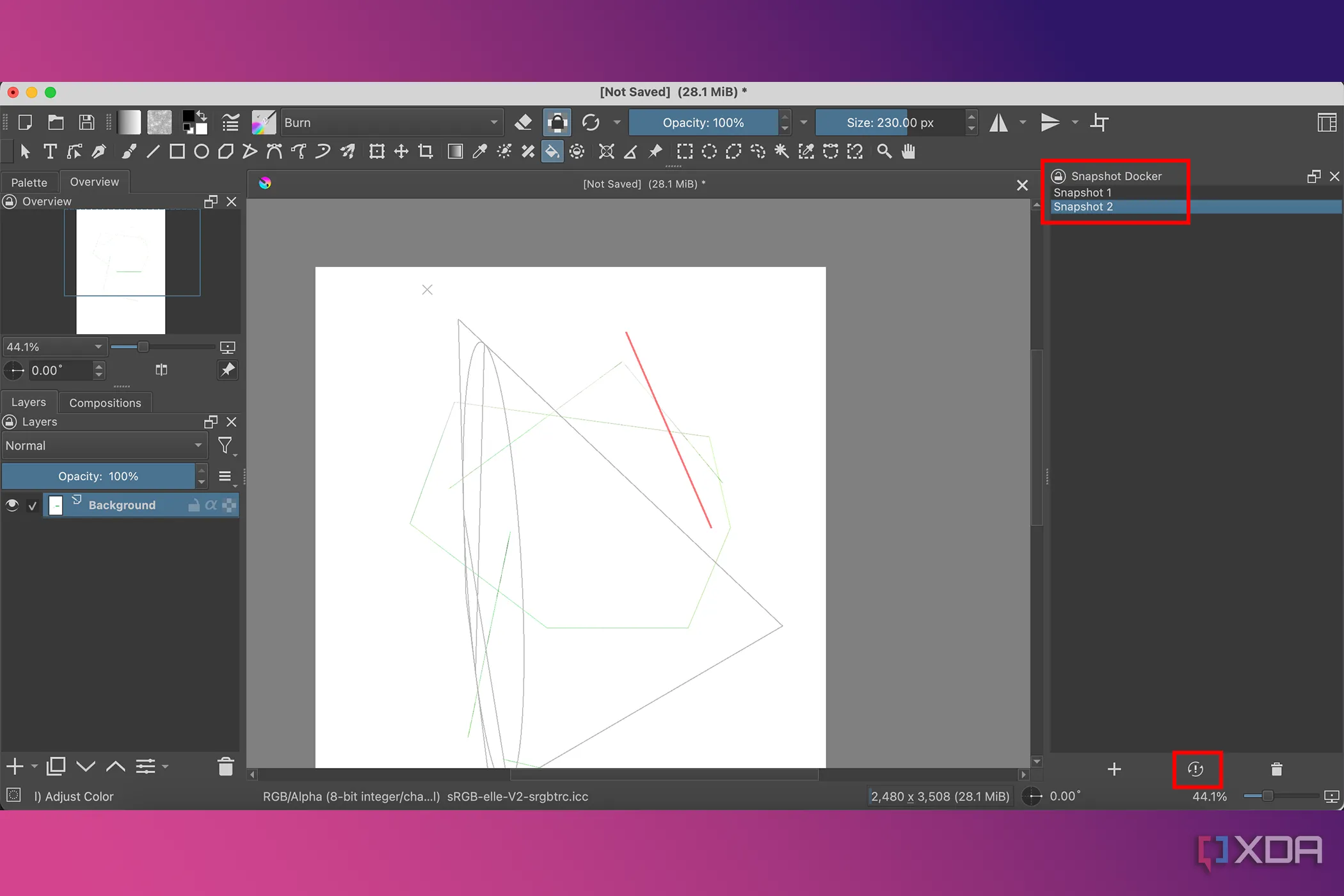 Giao diện Krita docker hiển thị chức năng chụp nhanh tài liệu (snapshot) để tham chiếu các phiên bản thiết kế.