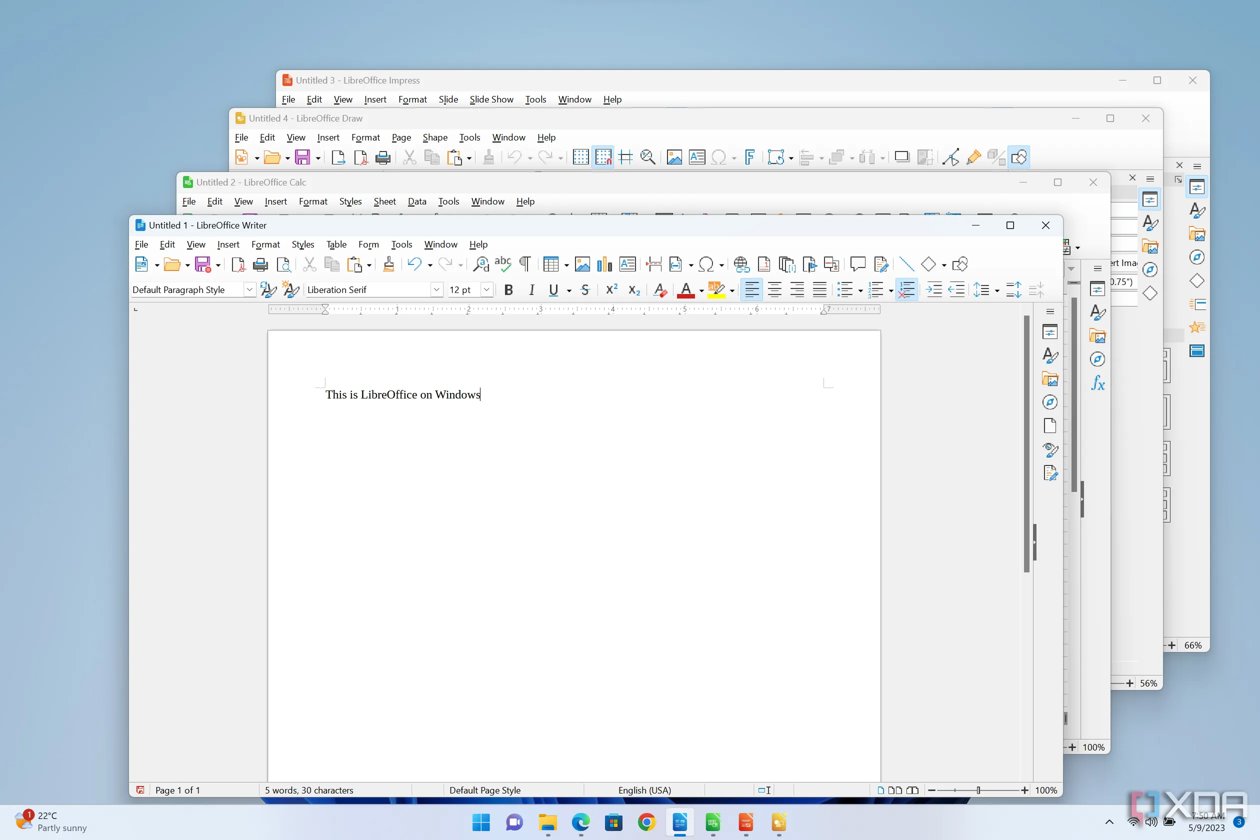 Giao diện LibreOffice Writer, Calc, Impress và Draw trên Windows 11