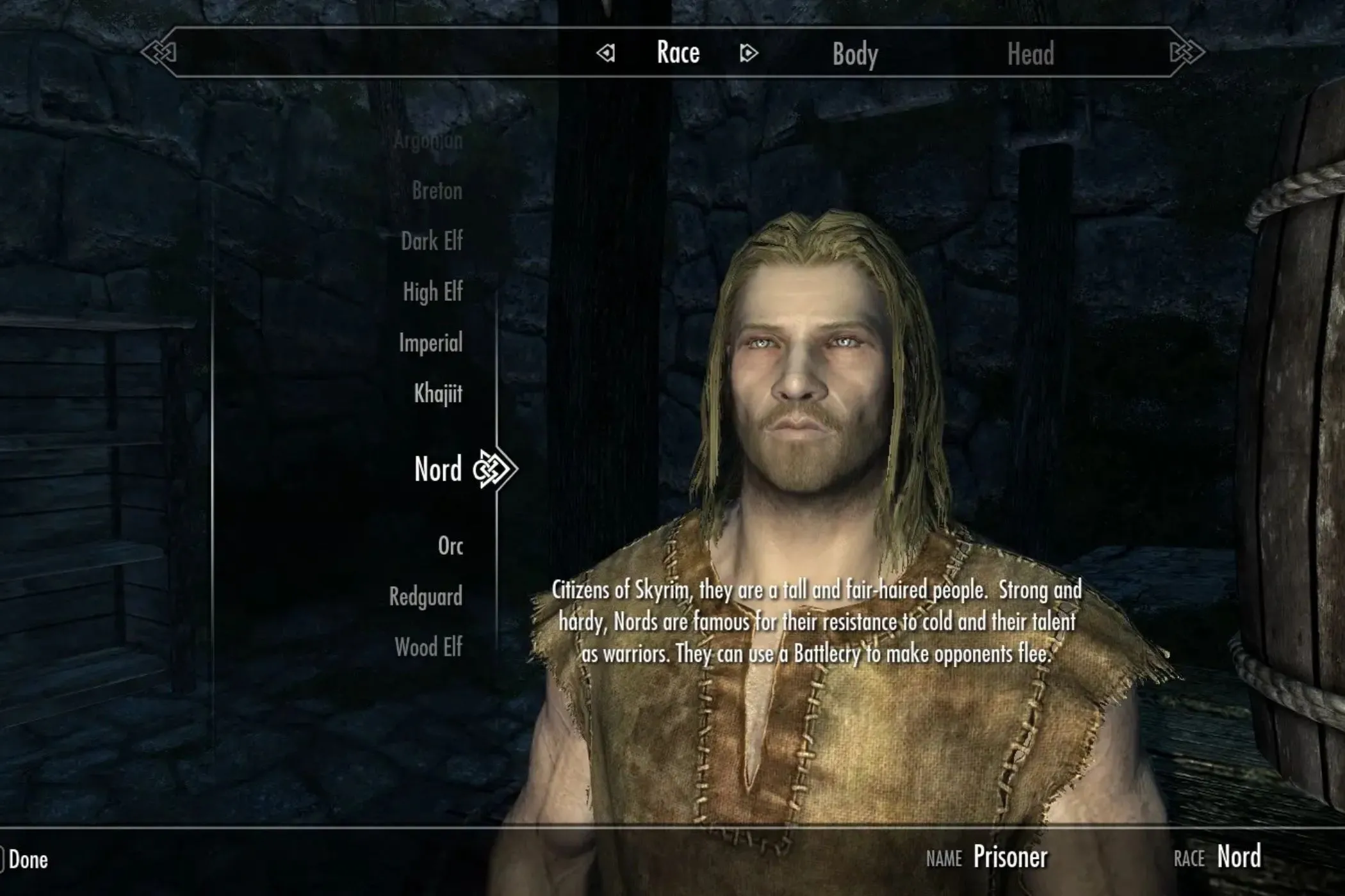 Giao diện lựa chọn khởi đầu thay thế trong mod &quot;Live Another Life&quot; cho Skyrim, mang đến trải nghiệm nhân vật mới mẻ.