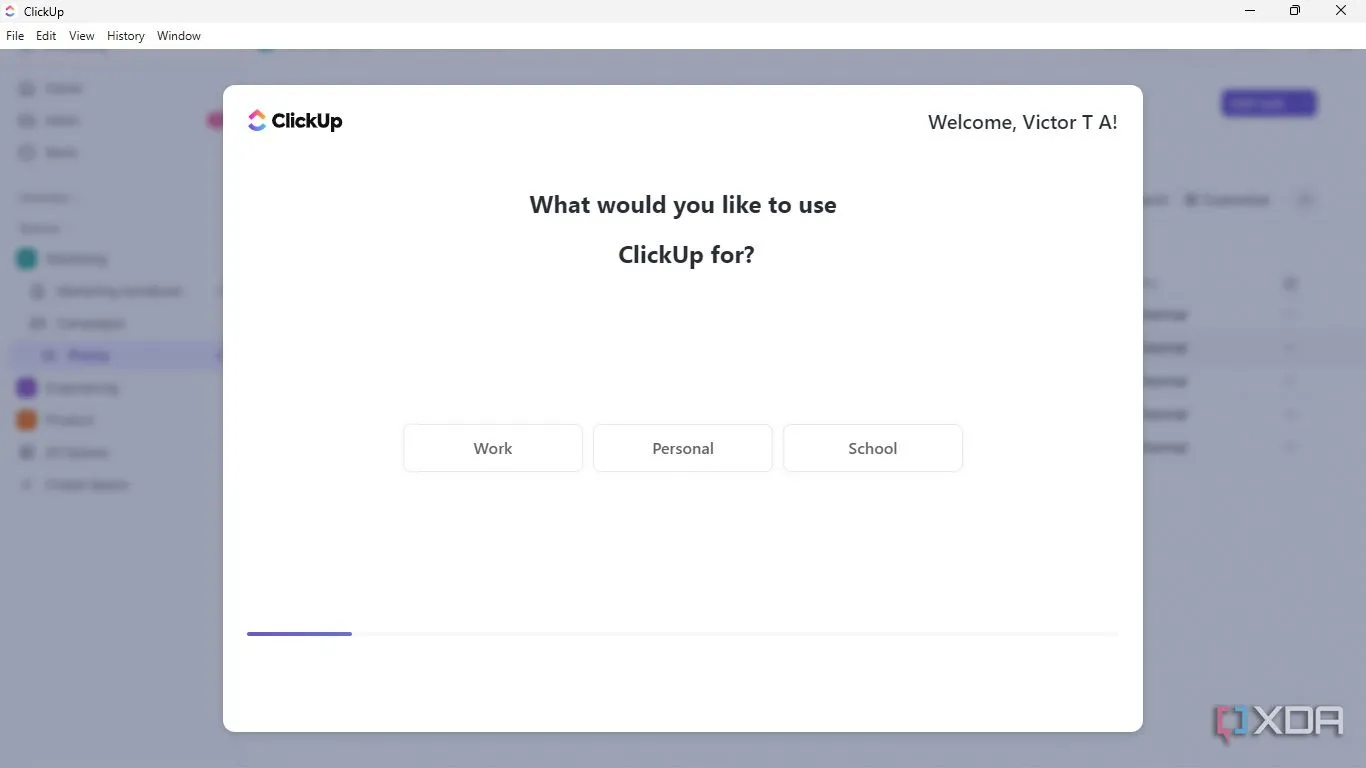 Giao diện lựa chọn mục đích sử dụng ClickUp: Công việc, Cá nhân hoặc Học tập khi thiết lập tài khoản