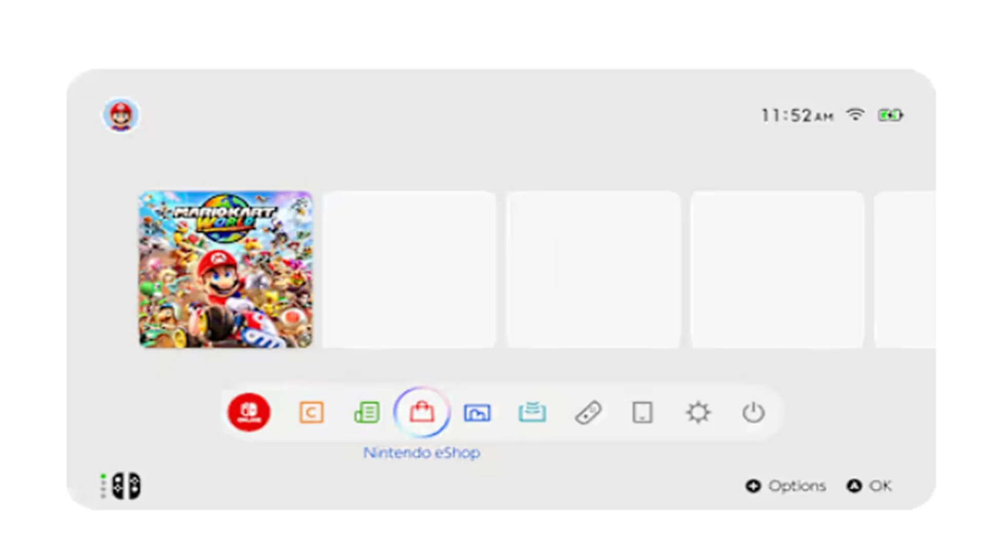Giao diện màn hình chính của Nintendo Switch 2, trông tương tự Nintendo Switch đời đầu