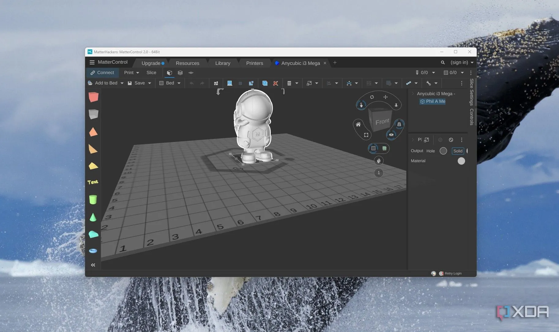 Giao diện MatterControl hiển thị mô hình 3D đang được mở, minh họa khả năng thiết kế và cắt lát tích hợp.