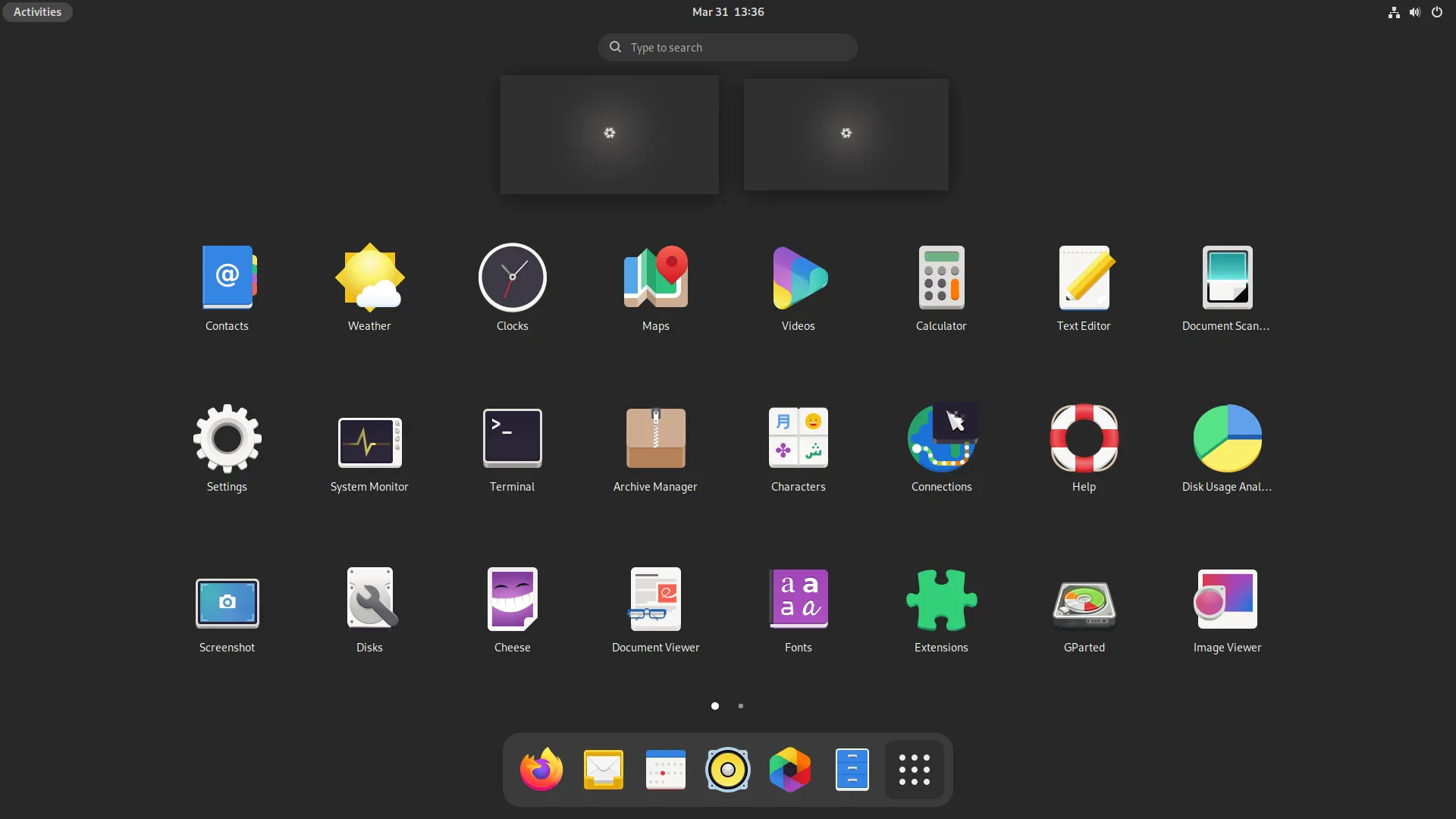 Giao diện menu chính GNOME trên NixOS phiên bản 21.11, minh họa sự tối giản và hiệu quả của hệ điều hành.