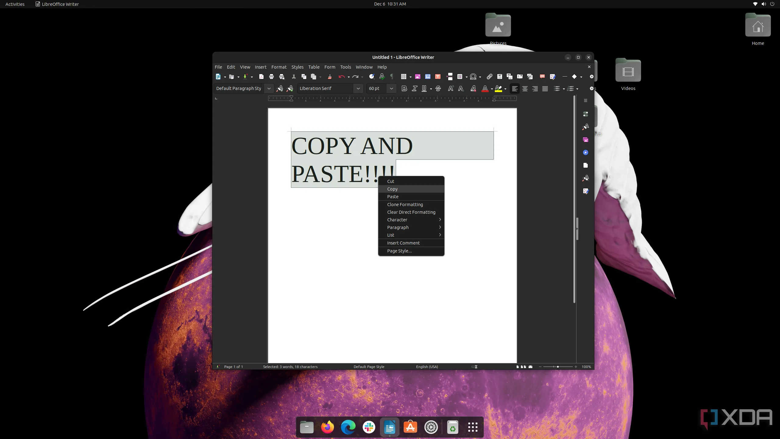 Giao diện menu sao chép dán trong LibreOffice trên Linux