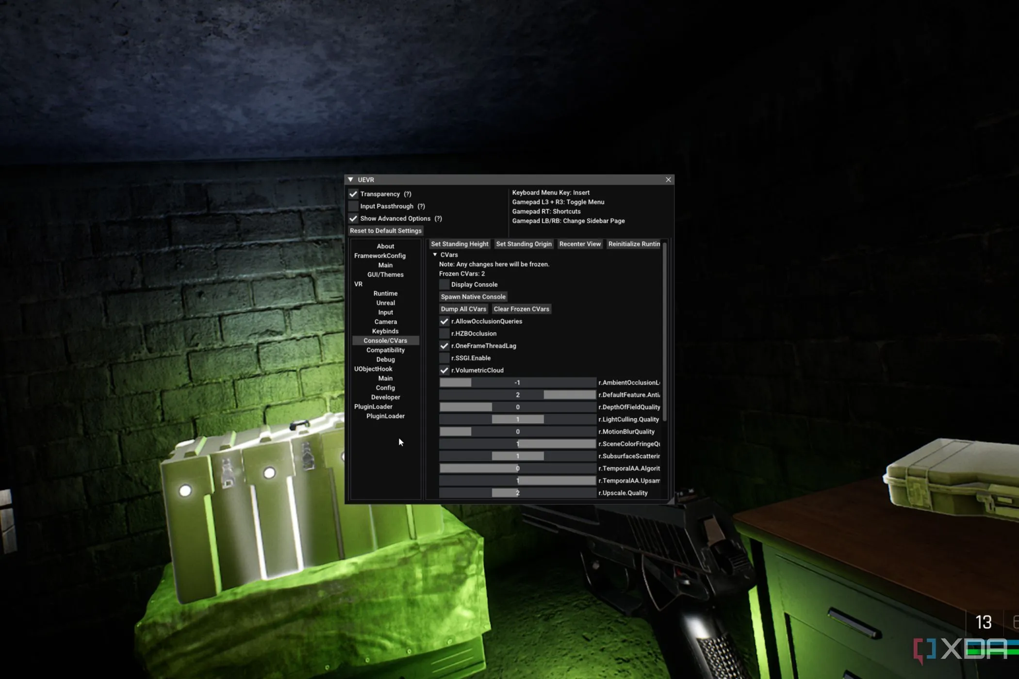 Giao diện menu UEVR Injector khi đang chơi game bắn súng Trepang2