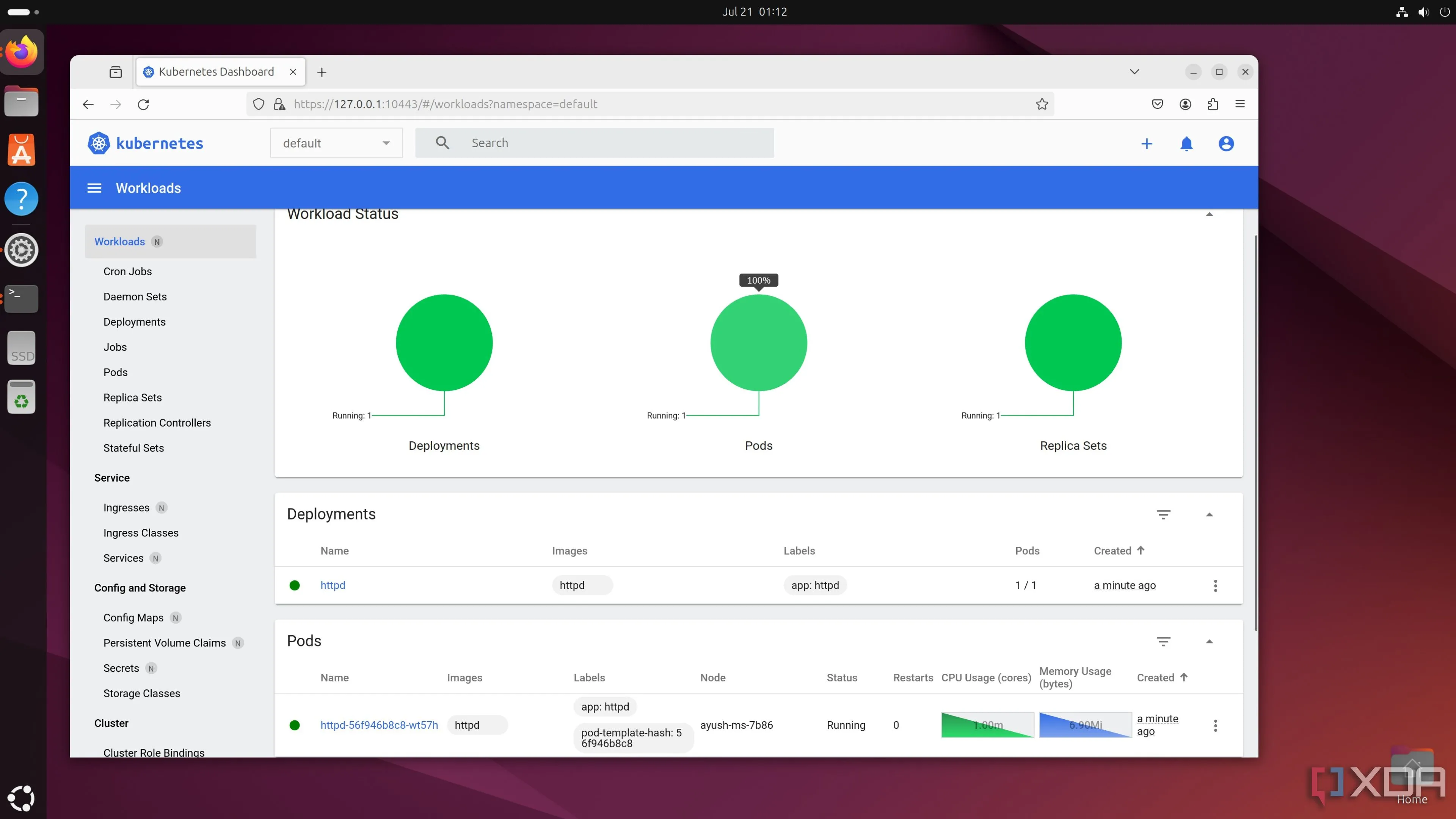 Giao diện MicroK8s Dashboard hoạt động trên Ubuntu, minh họa công cụ hỗ trợ Kubernetes