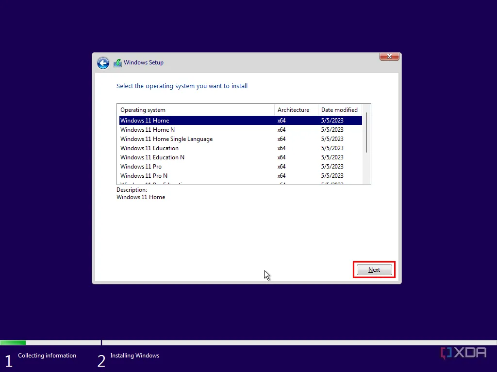 Giao diện môi trường cài đặt Windows 11 yêu cầu chọn phiên bản