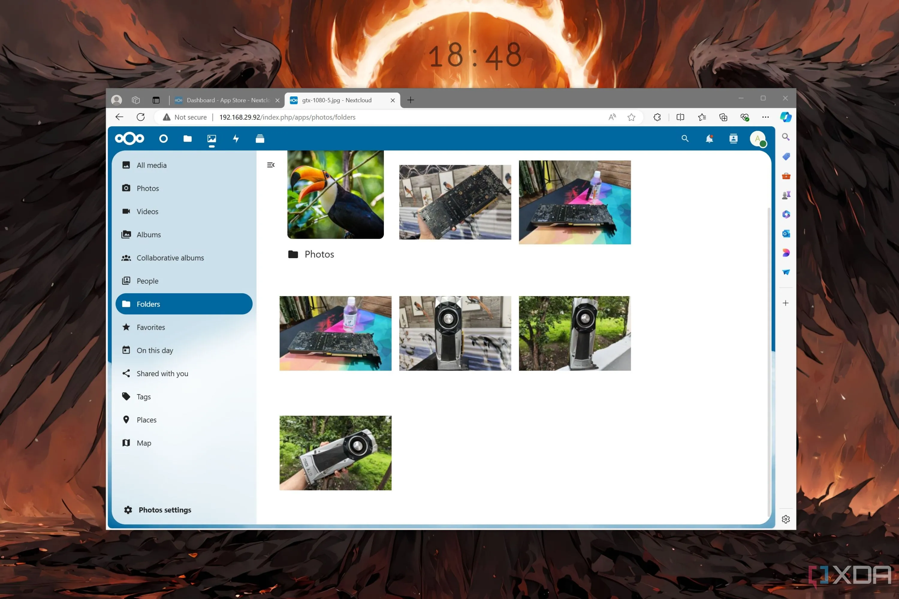 Giao diện Nextcloud Photos hiển thị hình ảnh thẻ đồ họa GTX 1080, minh họa tính năng quản lý ảnh