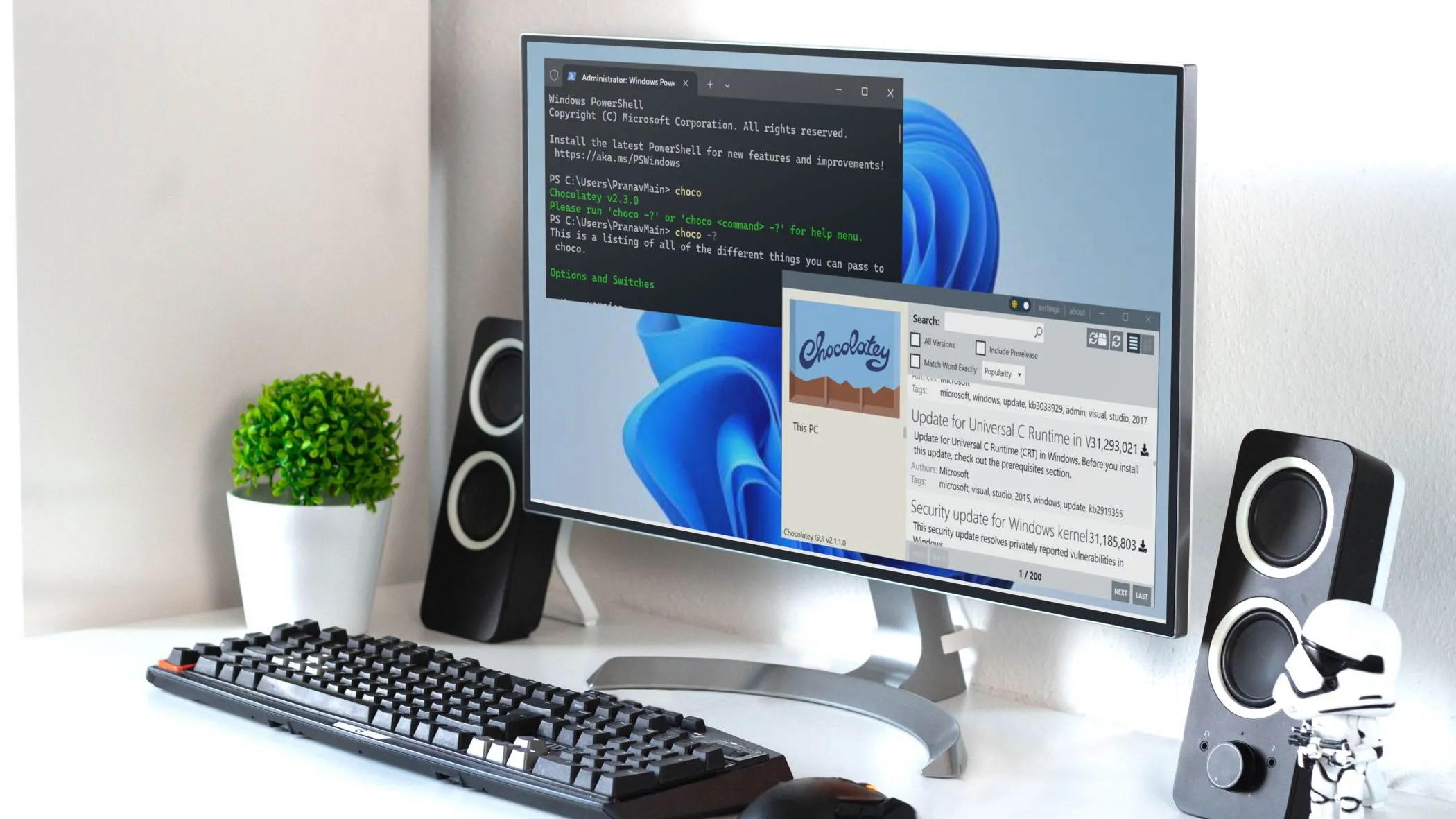 Giao diện người dùng Chocolatey GUI và cửa sổ dòng lệnh đang chạy trên Windows desktop