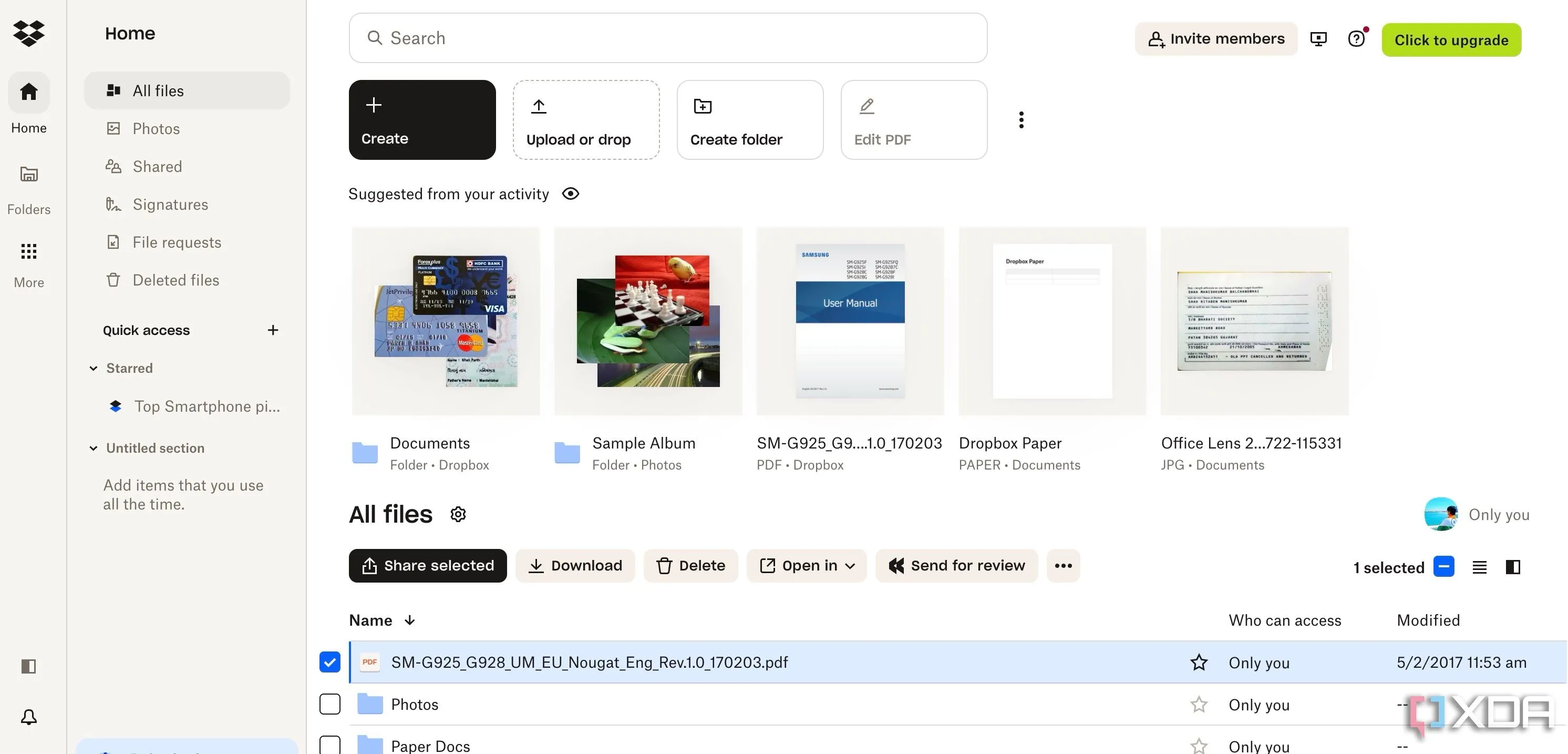 Giao diện người dùng của Dropbox, nổi bật với tính năng chia sẻ tệp dễ dàng qua liên kết