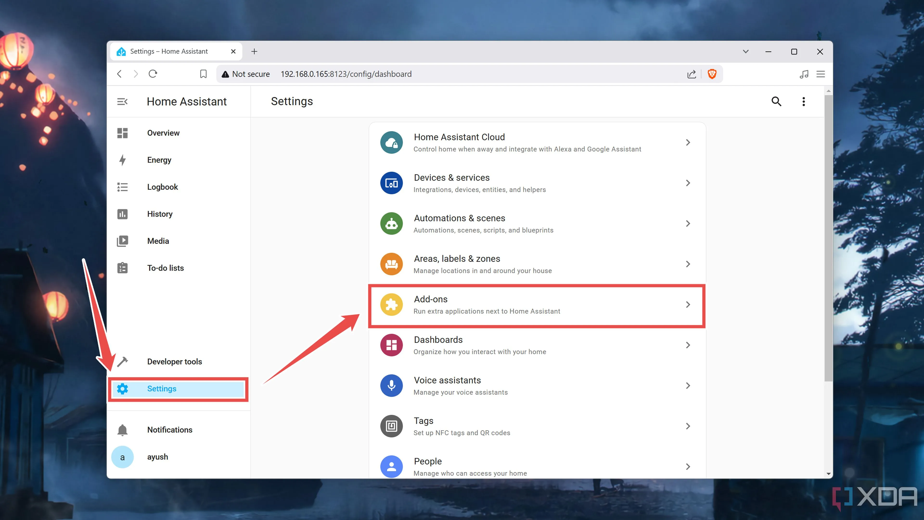 Giao diện người dùng Home Assistant, chọn tùy chọn Add-ons để quản lý tiện ích