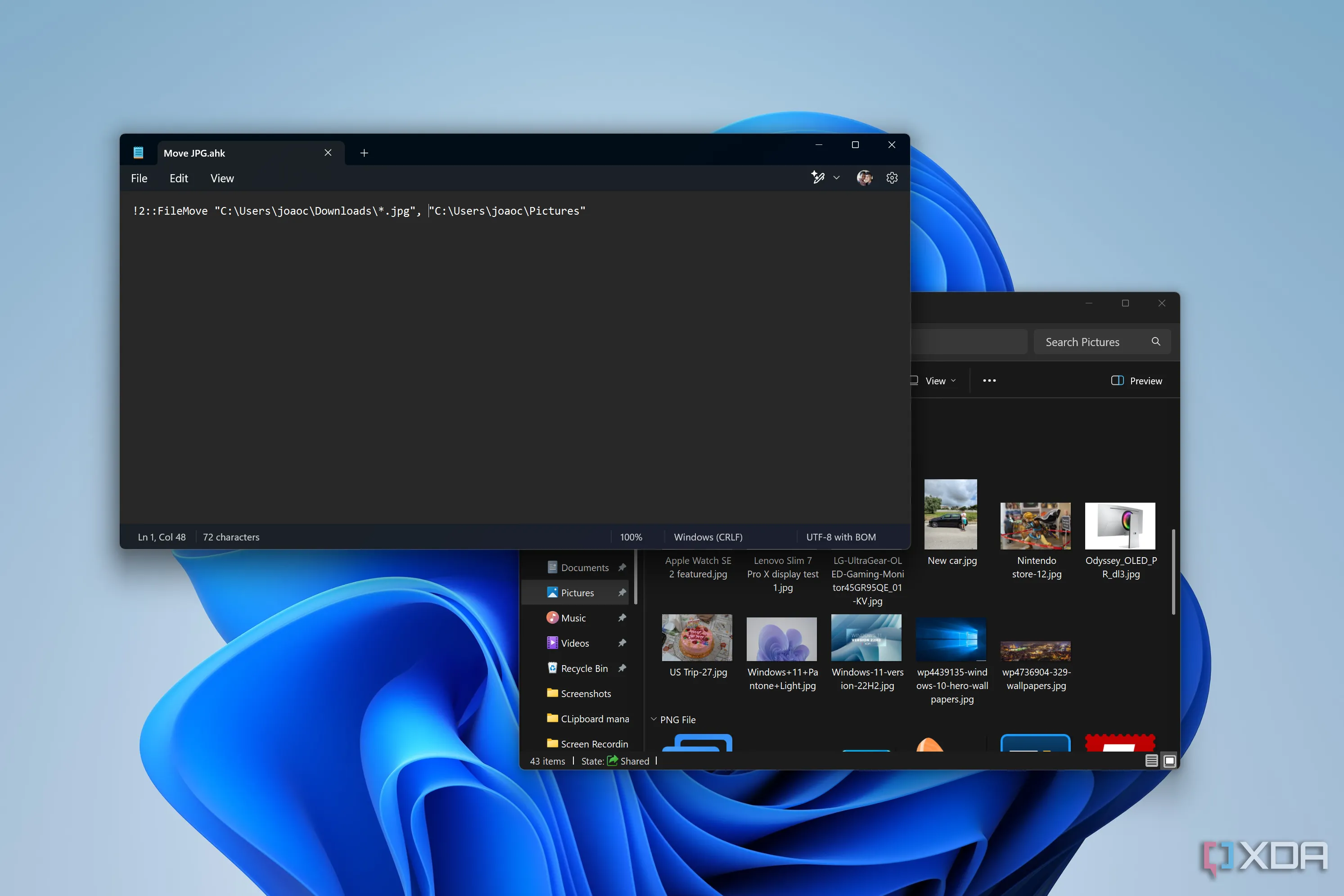 Giao diện Notepad hiển thị một đoạn mã AutoHotKey script dùng để tự động di chuyển các tệp tin JPG từ thư mục Downloads sang Pictures