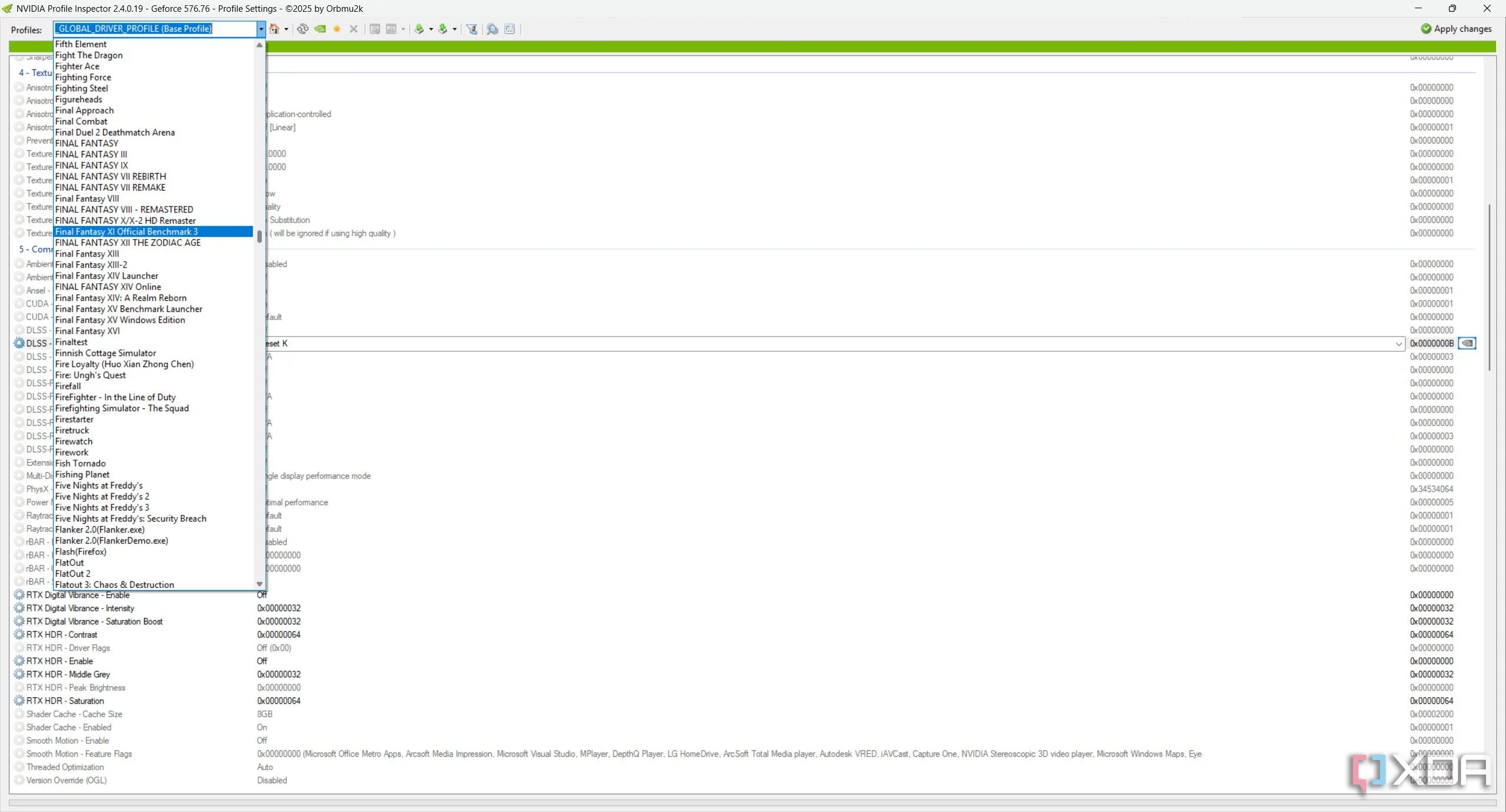Giao diện Nvidia Profile Inspector hiển thị các hồ sơ cấu hình (profiles) tùy chỉnh.