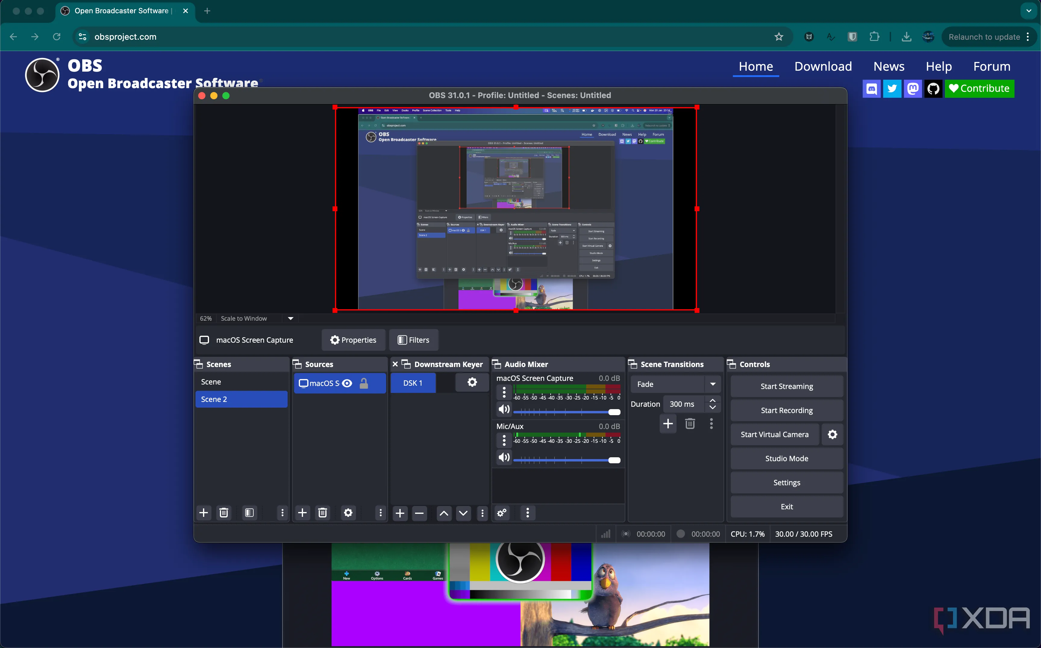 Giao diện OBS Studio minh họa plugin Downstream Keyer cho overlay
