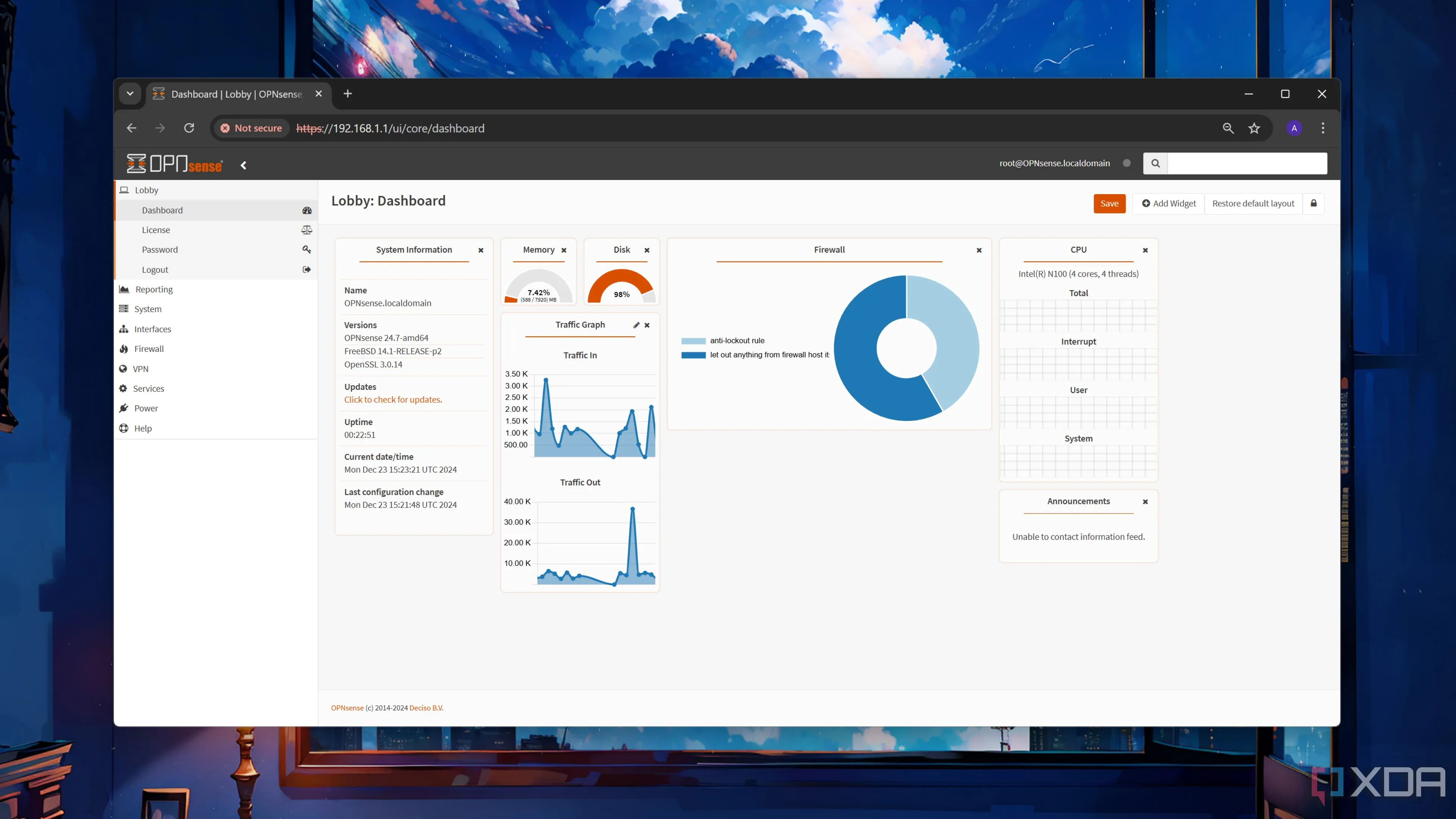Giao diện OPNsense Dashboard với các thông số giám sát mạng và trạng thái hệ thống