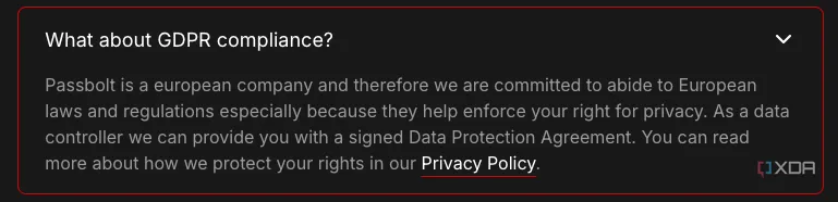 Giao diện Passbolt minh họa cam kết tuân thủ các quy định bảo vệ dữ liệu GDPR của Liên minh Châu Âu.