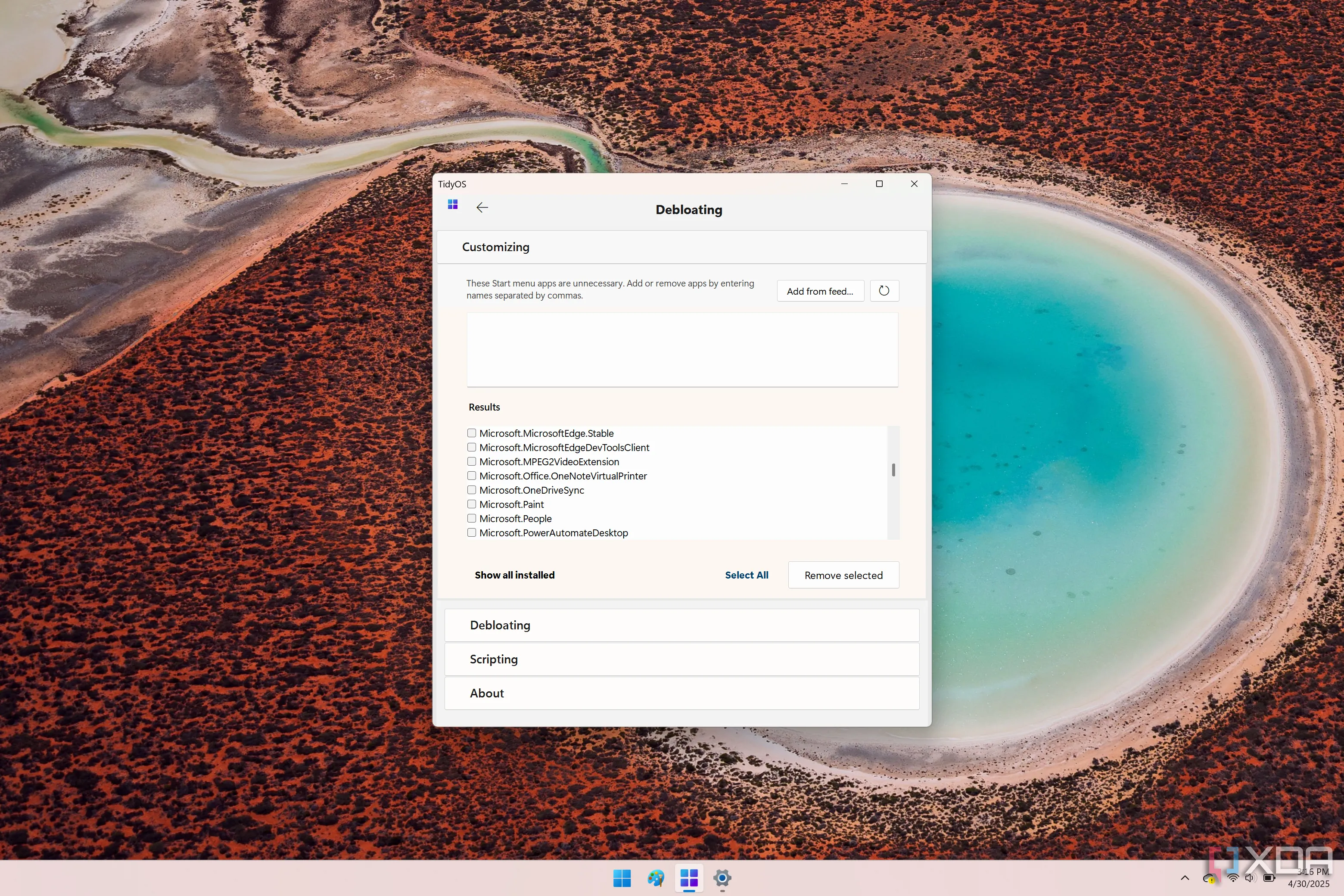 Giao diện phần gỡ bloatware của TidyOS, hiển thị danh sách đầy đủ các ứng dụng có thể gỡ bỏ để giải phóng tài nguyên hệ thống.