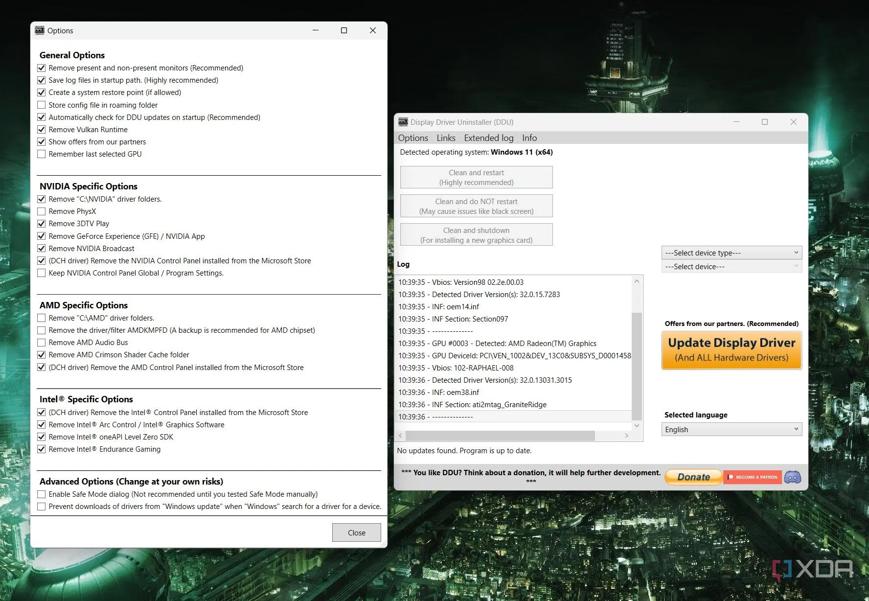Giao diện phần mềm Display Driver Uninstaller (DDU) trên Windows 11