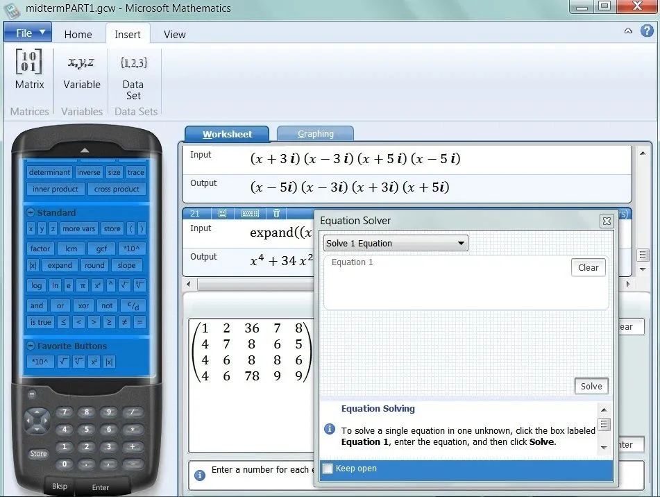 Giao diện phần mềm Microsoft Mathematics với máy tính đồ thị và các chức năng toán học