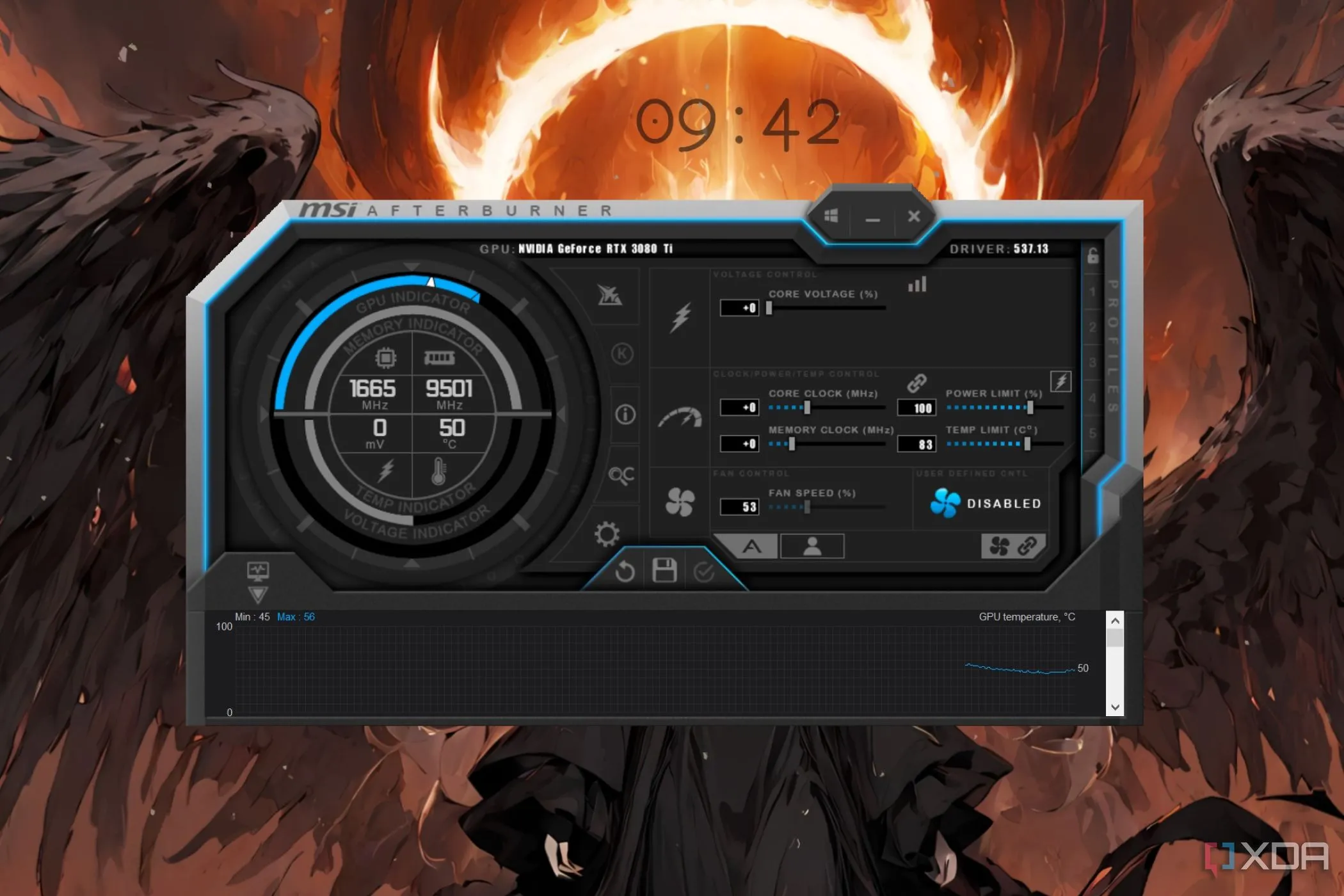 Giao diện phần mềm MSI Afterburner để điều chỉnh các thông số GPU