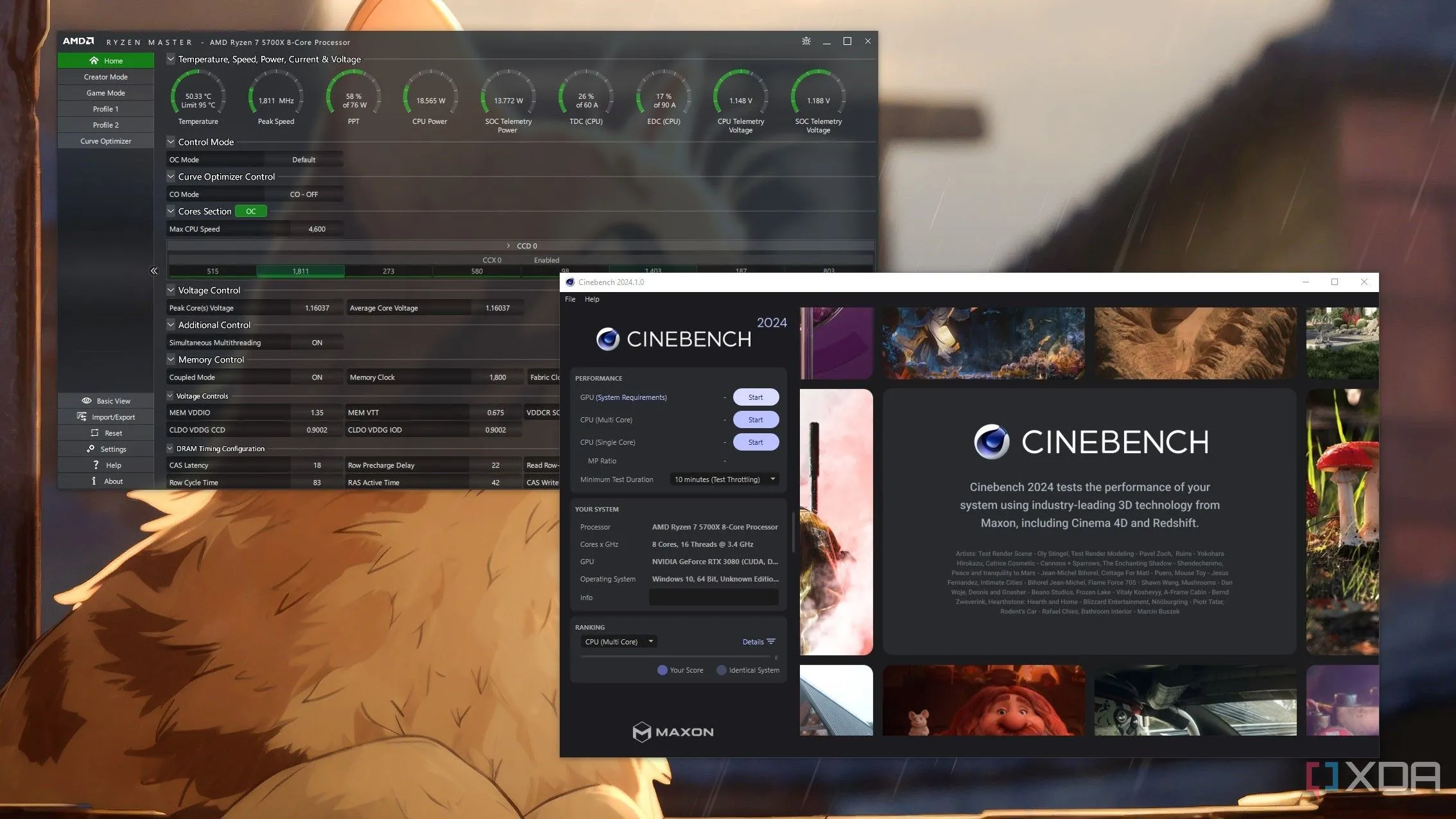 Giao diện phần mềm Ryzen Master và Cinebench 2024 trên máy tính, hiển thị bài kiểm tra điểm chuẩn CPU