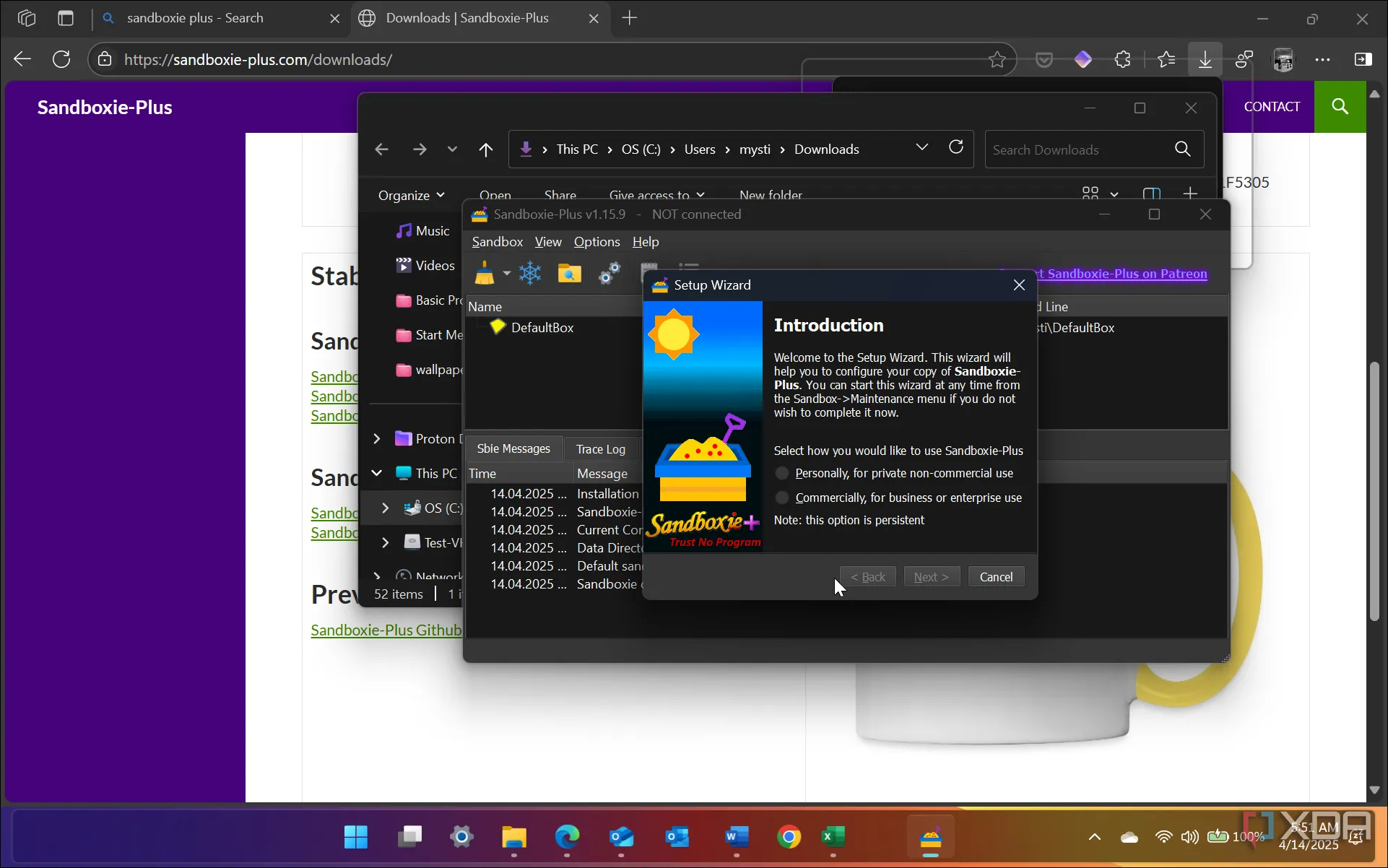 Giao diện phần mềm Sandboxie Plus đang hoạt động trên Windows 11, tạo môi trường cô lập để chạy ứng dụng