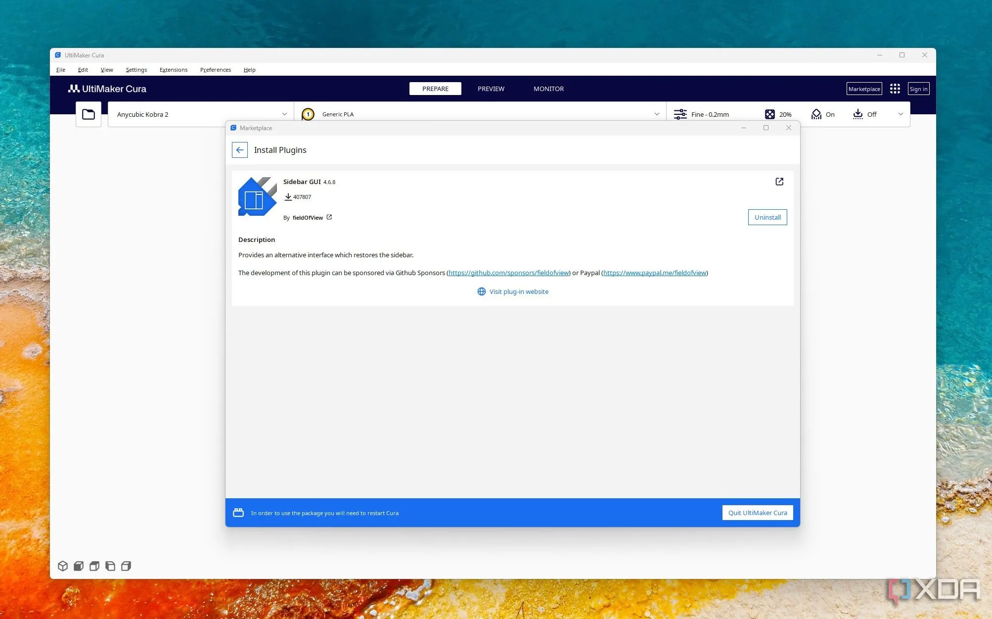 Giao diện plugin Sidebar GUI được cài đặt trong phần mềm Cura, cải thiện trải nghiệm người dùng.