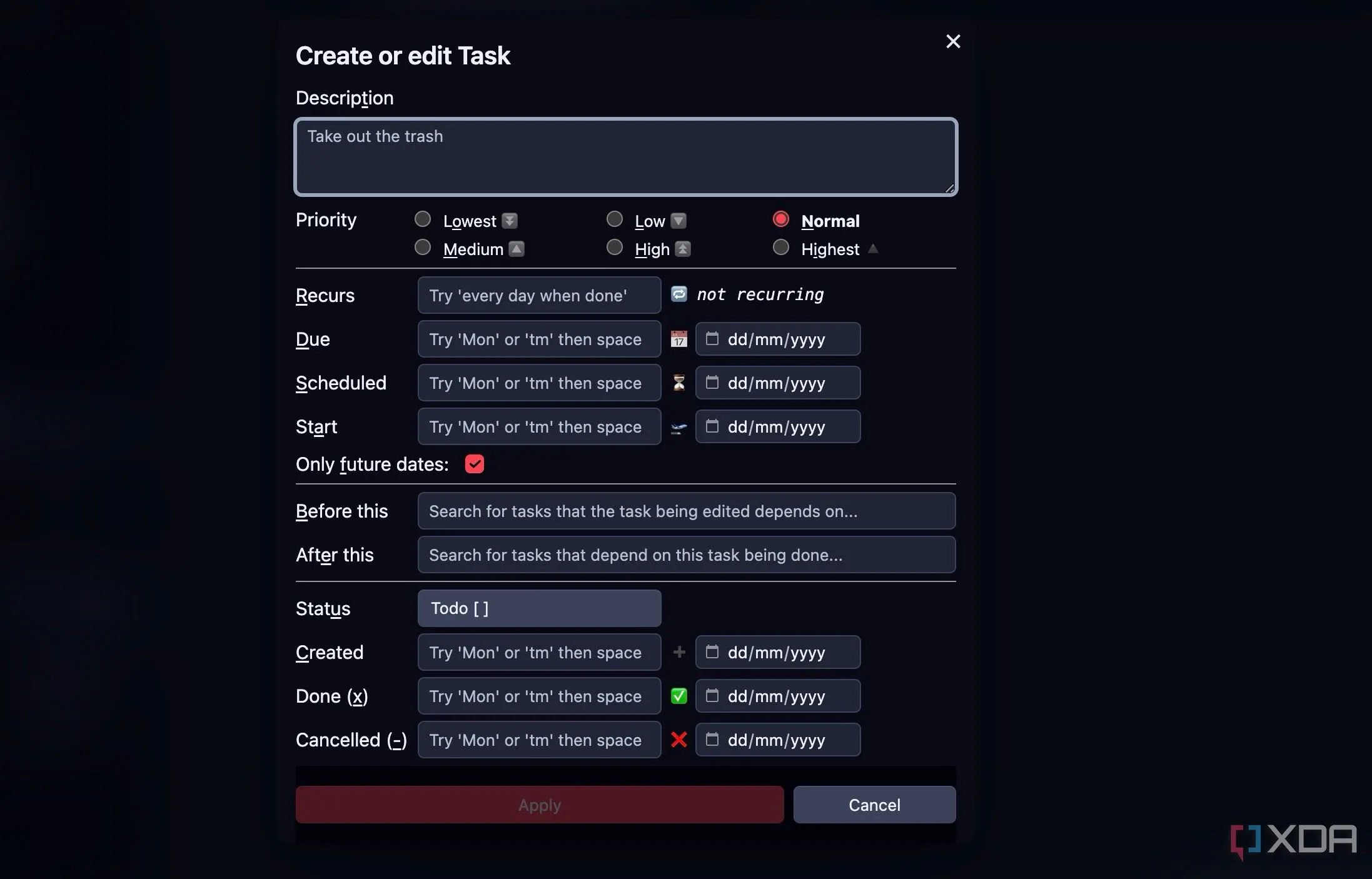 Giao diện plugin Tasks trong Obsidian hiển thị danh sách công việc với các thông tin chi tiết như mô tả và trạng thái ưu tiên