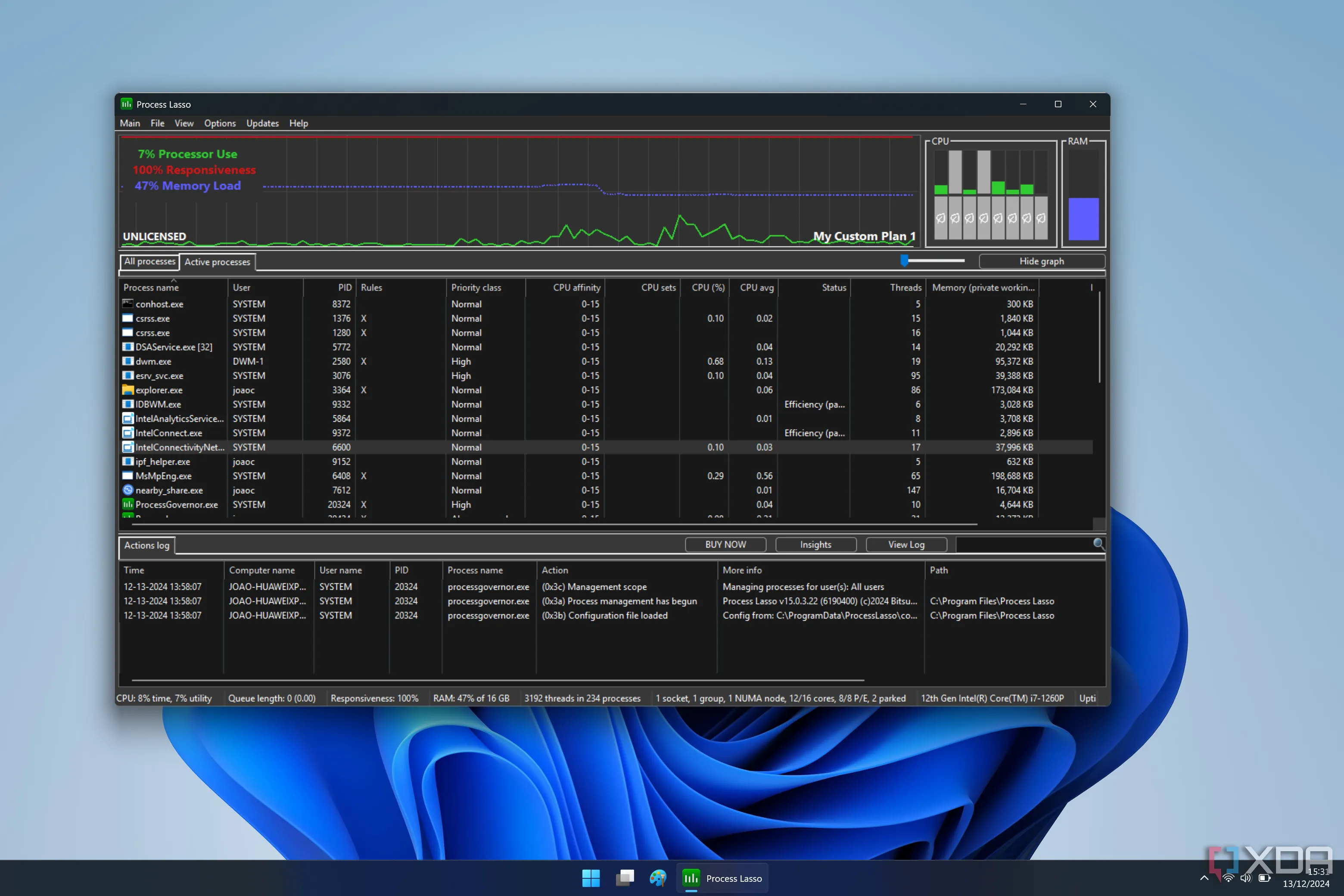 Giao diện Process Lasso hiển thị các tiến trình đang chạy trên Windows với thông tin chi tiết về CPU và RAM.
