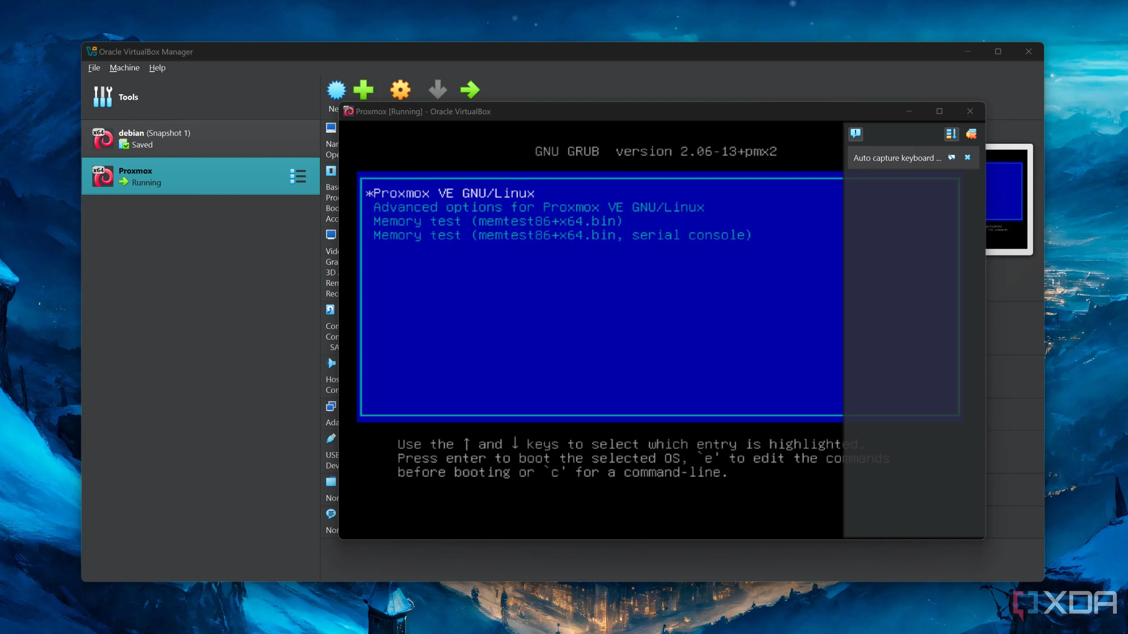 Giao diện Proxmox đang chạy bên trong máy ảo VirtualBox trên màn hình máy tính