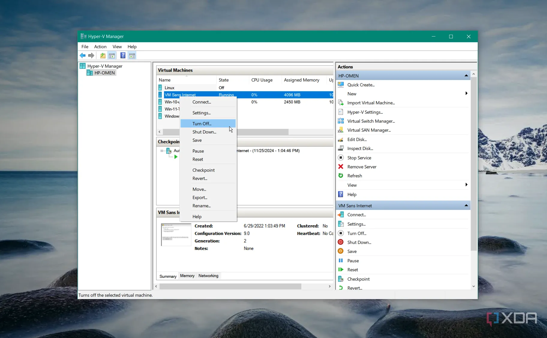 Giao diện quản lý máy ảo Hyper-V Manager