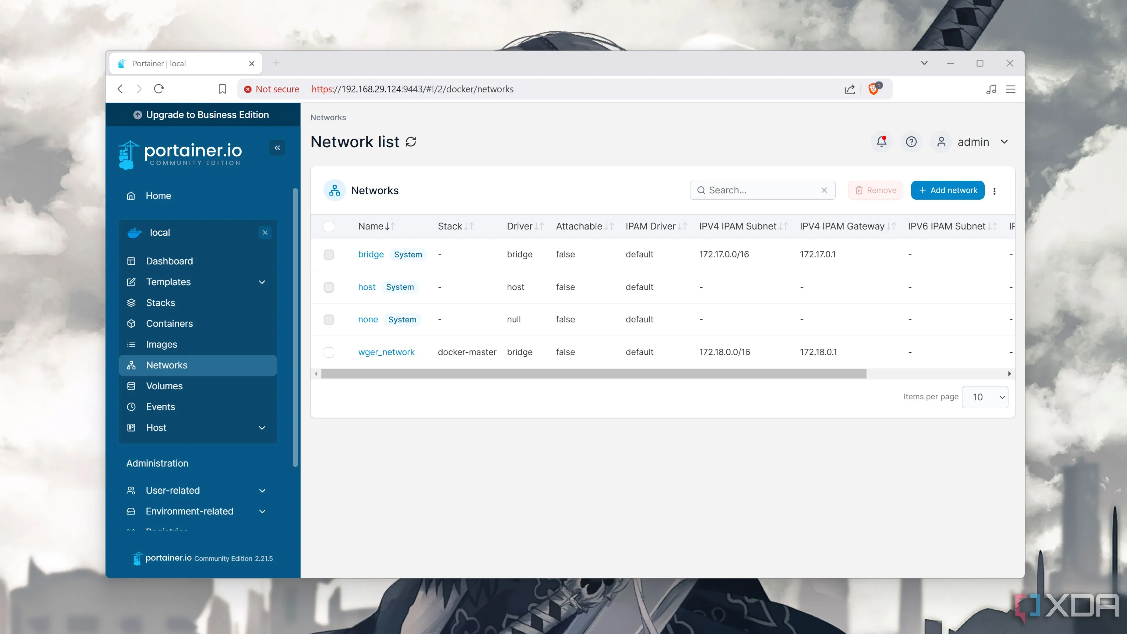Giao diện quản lý Network trong Portainer