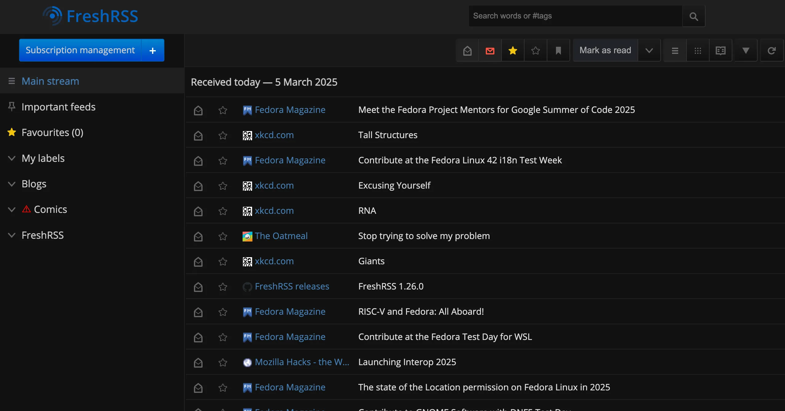 Giao diện quản lý nguồn cấp RSS (Feeds) trong trình duyệt Vivaldi