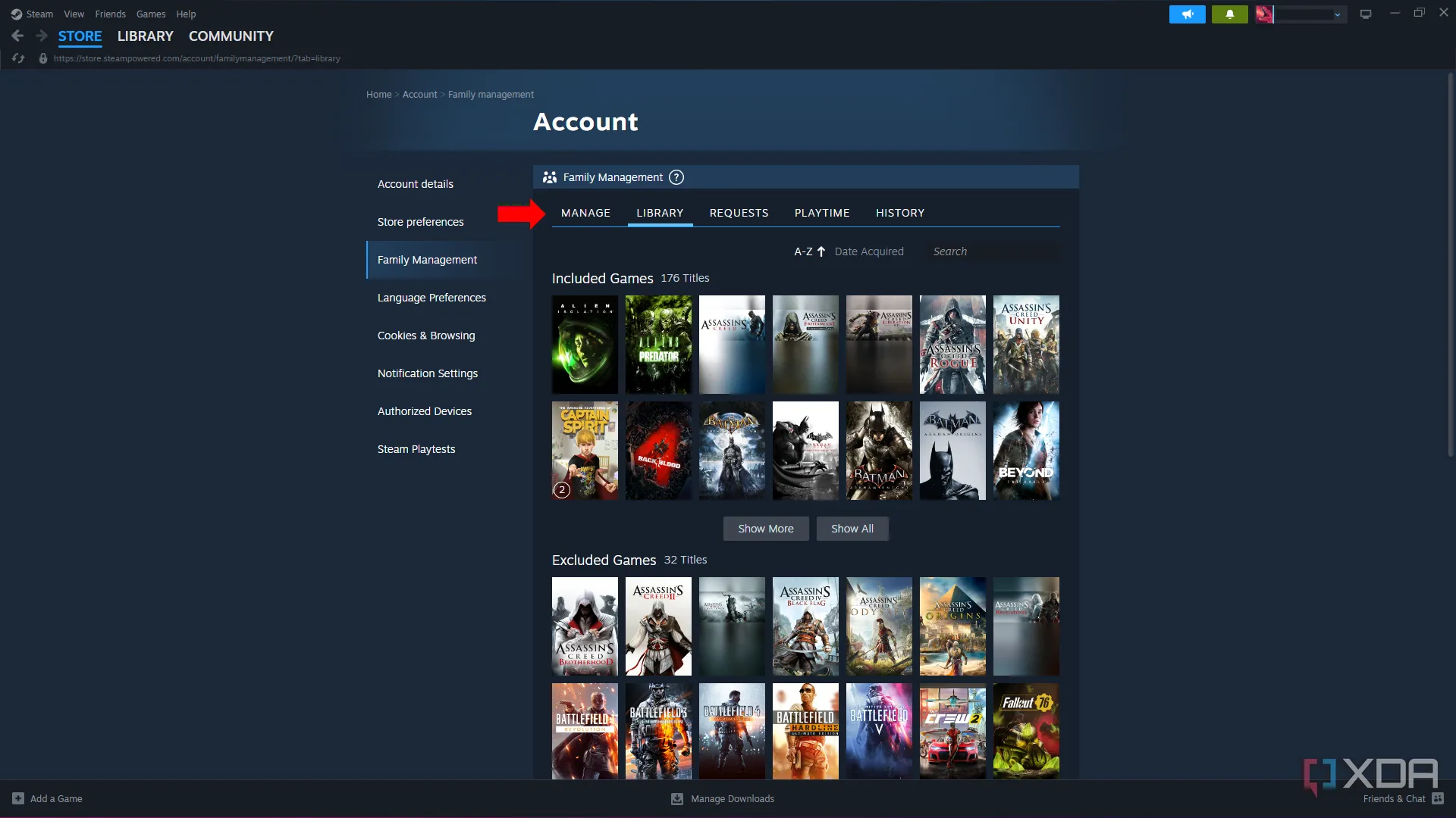Giao diện quản lý Steam Family Sharing, thiết lập chia sẻ thư viện game với bạn bè và gia đình.