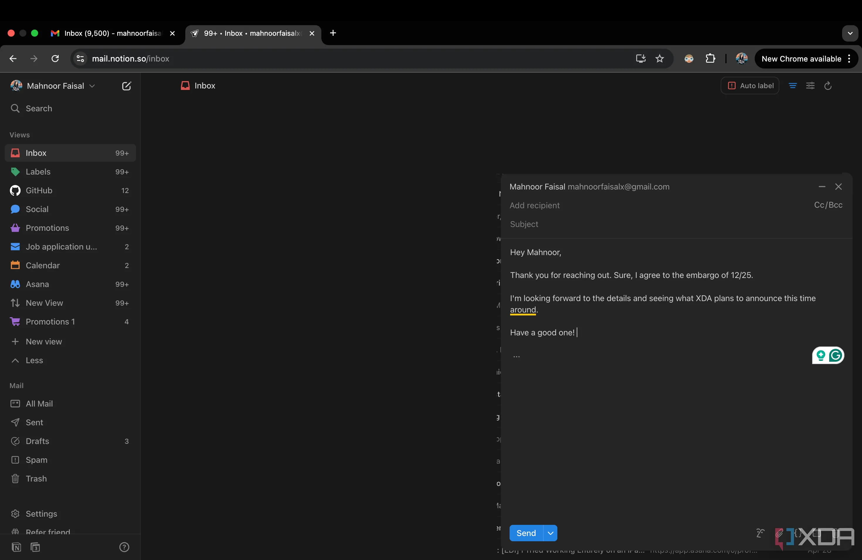 Giao diện soạn email trong Notion Mail với sự hỗ trợ của AI và các phím tắt lệnh