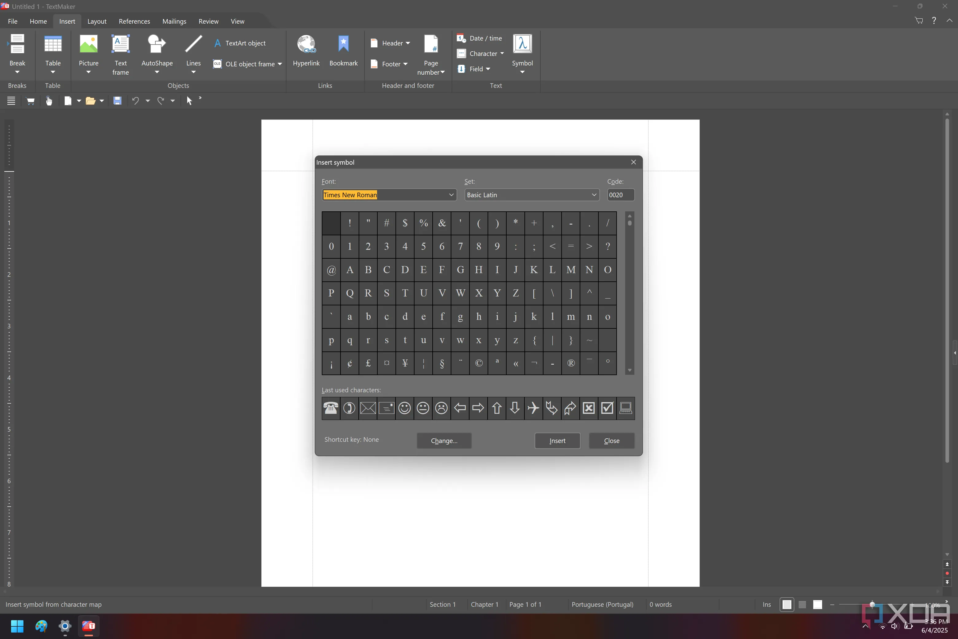 Giao diện SoftMaker FreeOffice với bảng chọn ký tự đặc biệt tương tự Character Map tích lý
