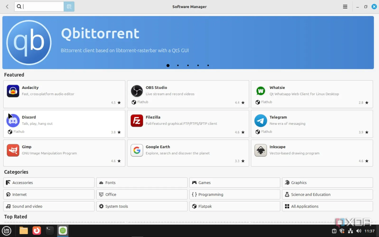 Giao diện Software Manager của Linux Mint hiển thị các ứng dụng có sẵn