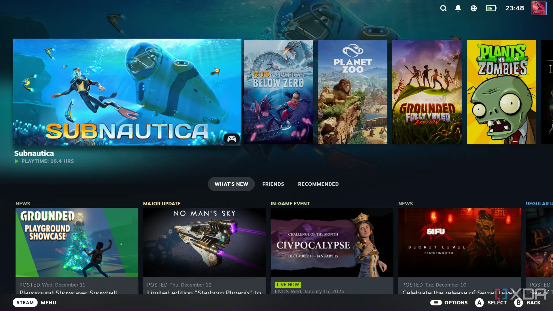 Giao diện Steam Big Picture Mode thân thiện với tay cầm trên màn hình TV