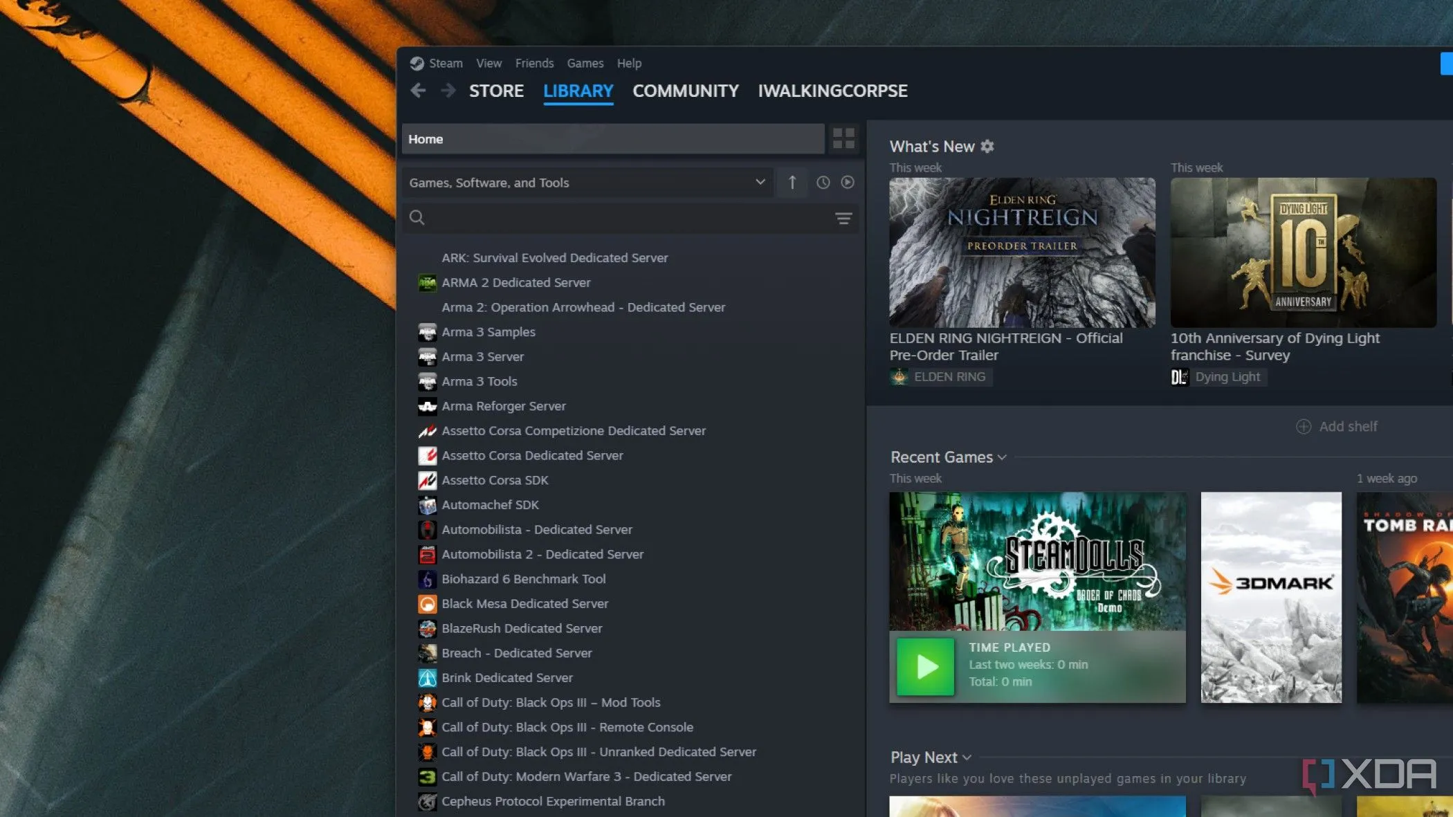 Giao diện Steam hiển thị danh sách các công cụ server chuyên dụng (dedicated server tools) có sẵn trong thư viện trò chơi